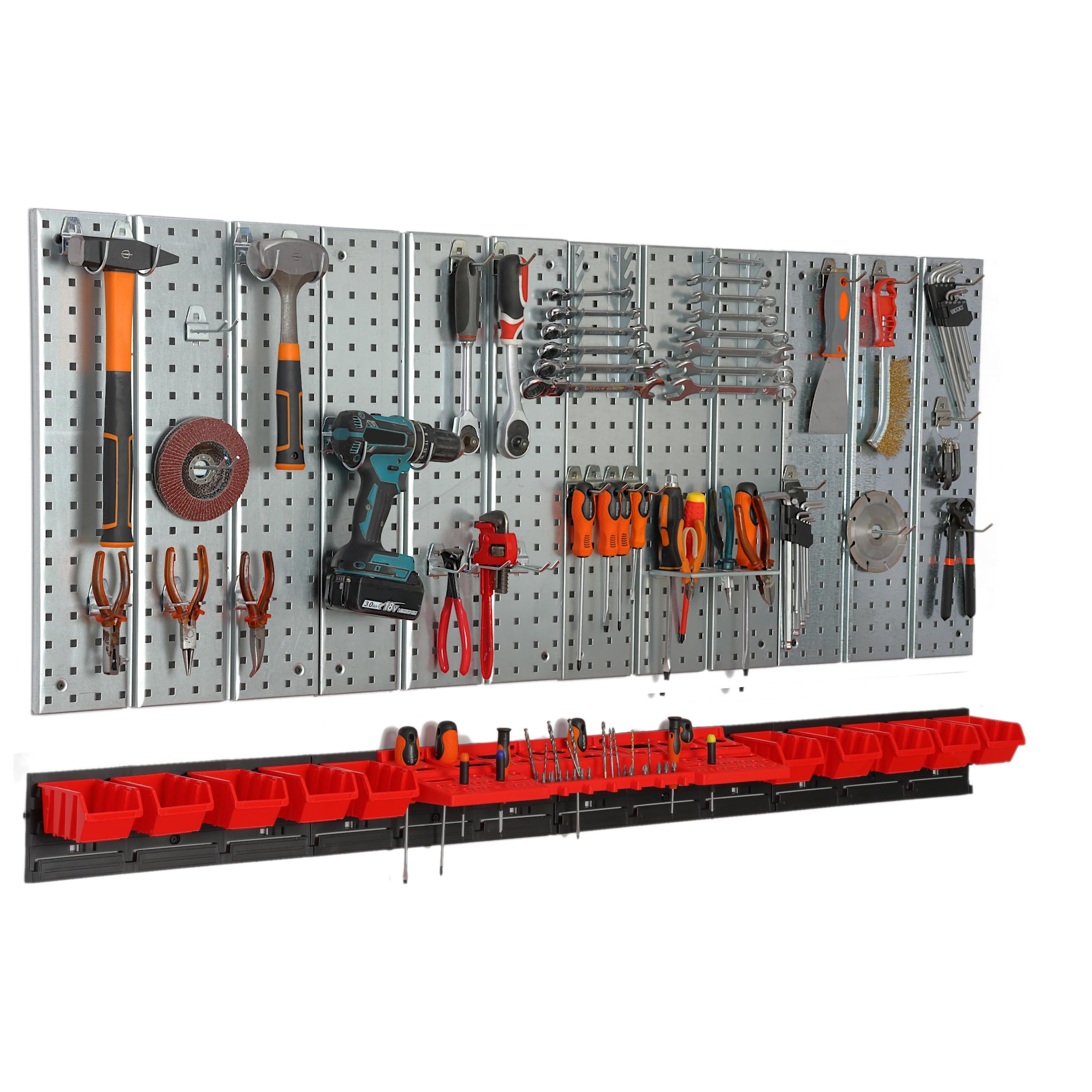 Werkzeugwand Metall 156x72 cm Lagersystem mit Werkzeughaltern Werkzeughaken und 10 Stapelboxen 80 x 115 x 60 mm Farbe: rot Lochbrett Werkstatt Garage Steckbrett Elektrowerkzeuge Lochwand