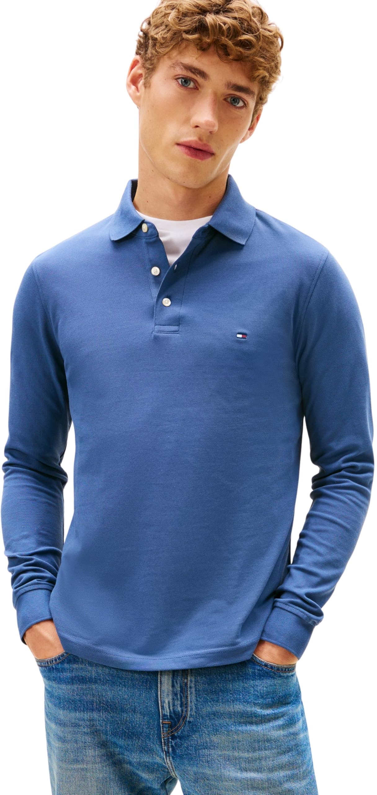 Tommy Hilfiger Men’s Slim Basic Long Sleeve Polo Shirt, Blue (Aegean Sea), S