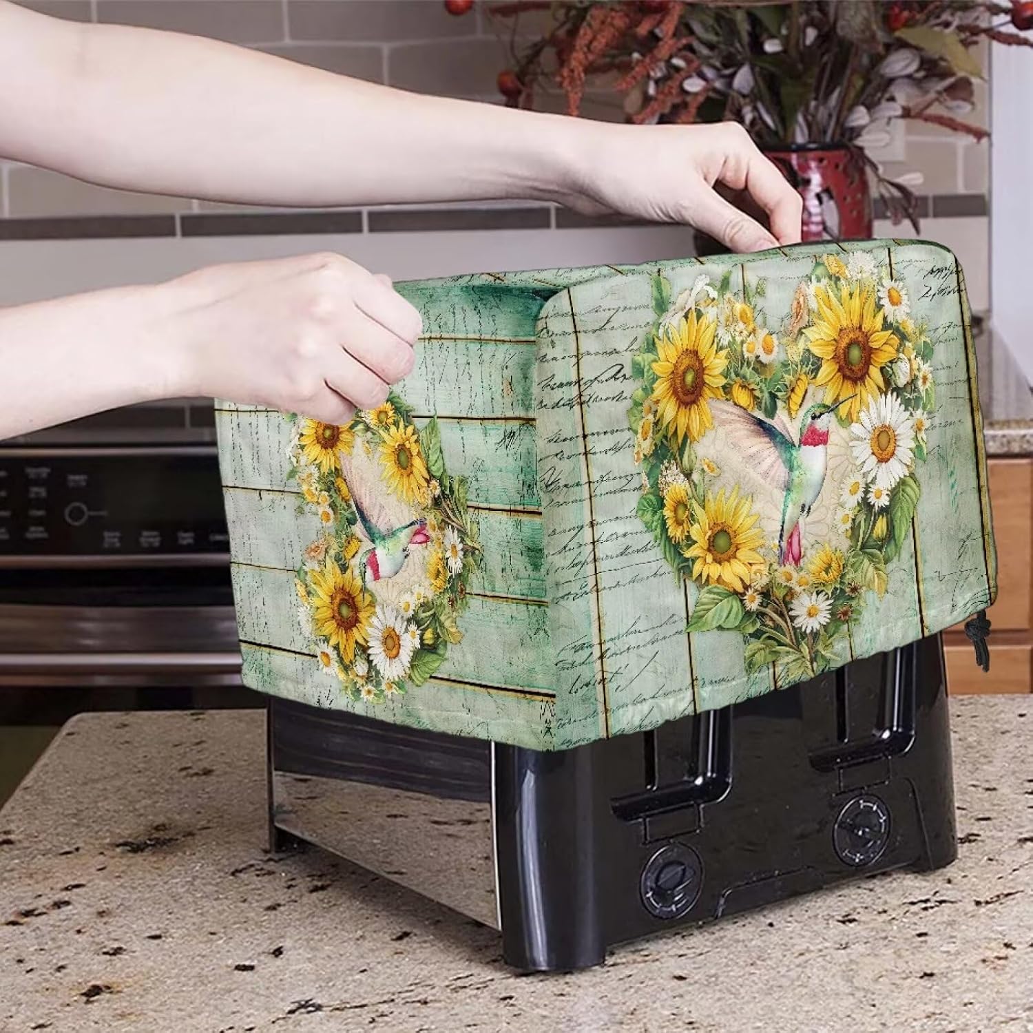 Vintage Wooden Sunflower Print Toaster Covers 4 Slice Green, Hummingbird Bread Machine Dust Protection Washable, Stain Resistant Bread Maker Dustproof Cover (12.4" x 10.63" x 8.27")