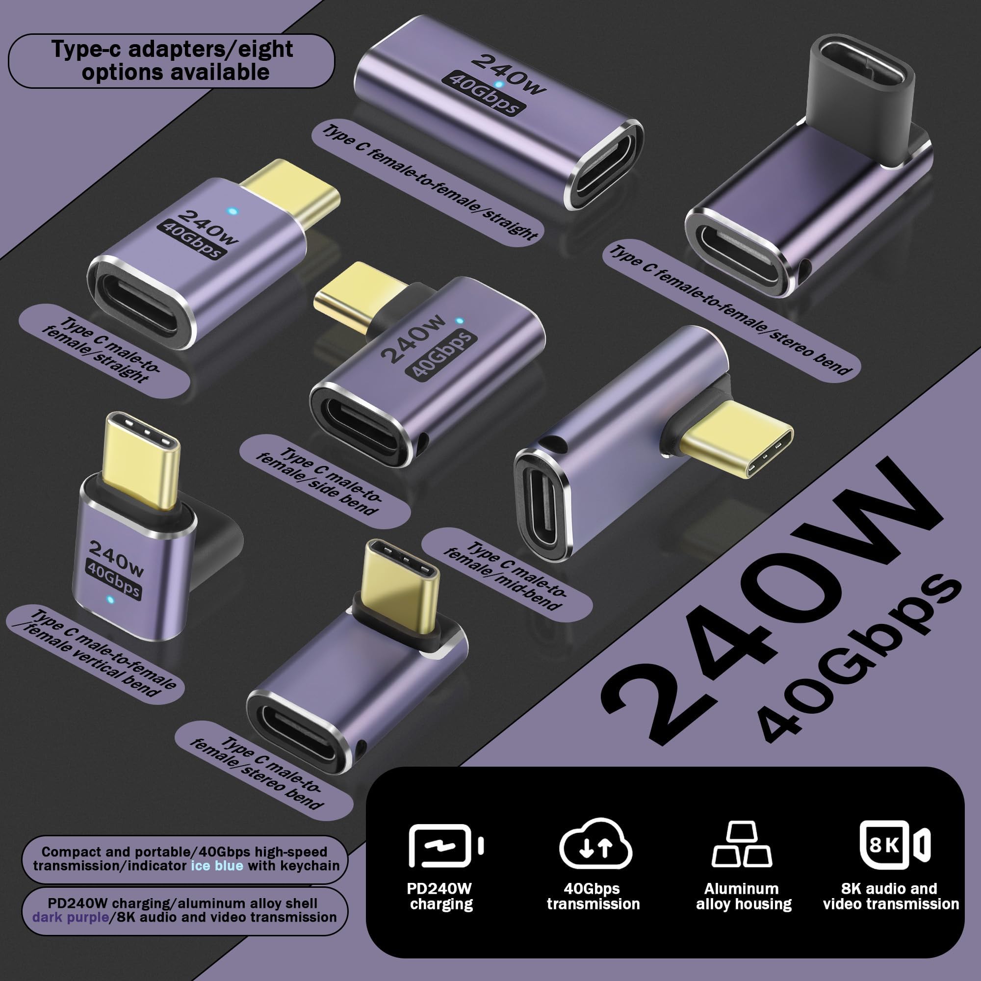 2x Adaptateur USB C Femelle Vers Femelle | USB4 240W, 40Gbps | Support 8K@60Hz | Compatible Ordinateurs Portables & Smartphones - 8