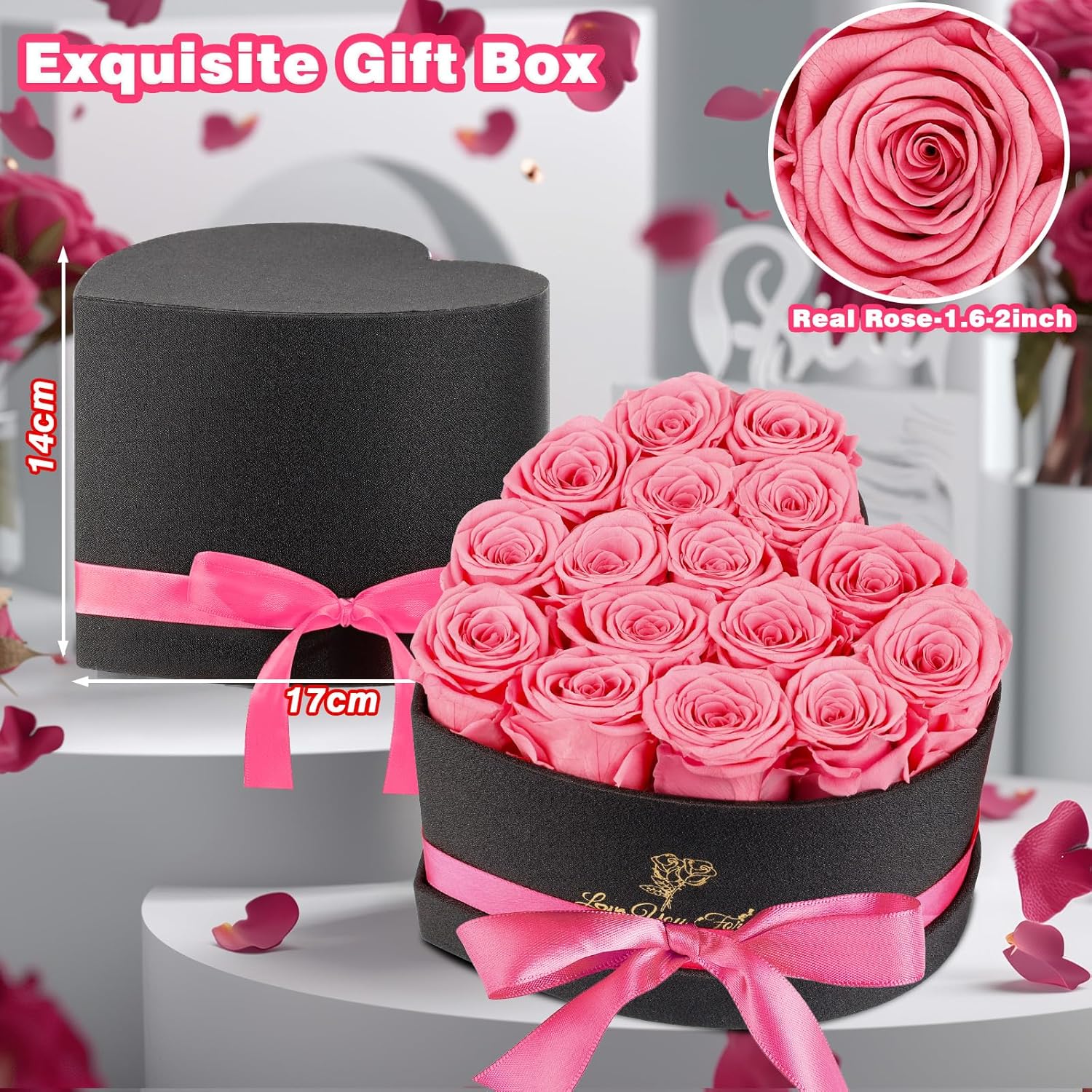 Forever Flowers, 16 Fresh Preserved Rose in Heart Shape Box for Delivery, Eternal Rose for Her Birthday Pink - Image 6