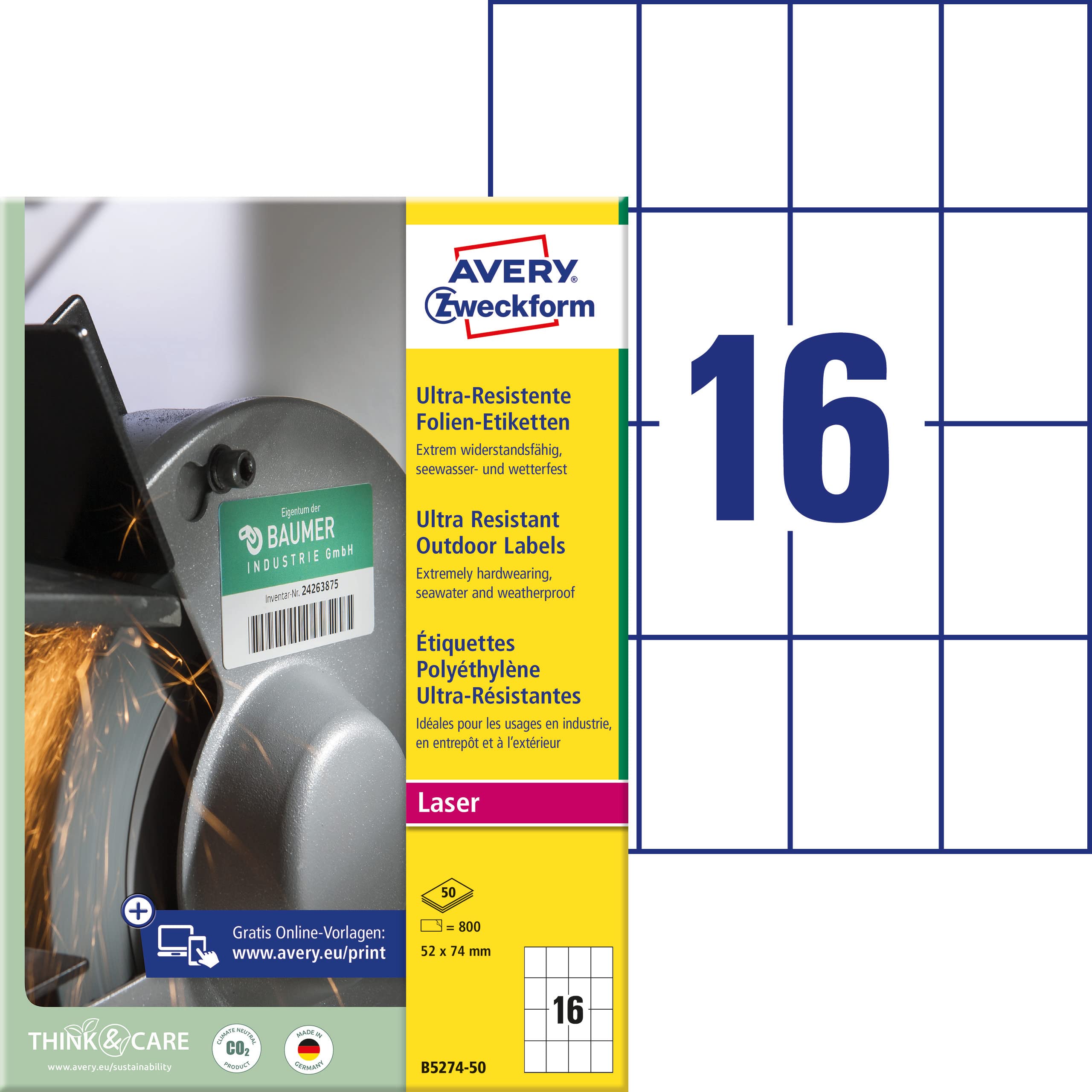 AVERY Zweckform B5274-50 - Etichette resistenti (800 adesivi, 52 x 74 mm su A4, estremamente resistenti, autoadesive, per superfici difficili, pellicola adesiva stampabile), 50 fogli, colore: bianco