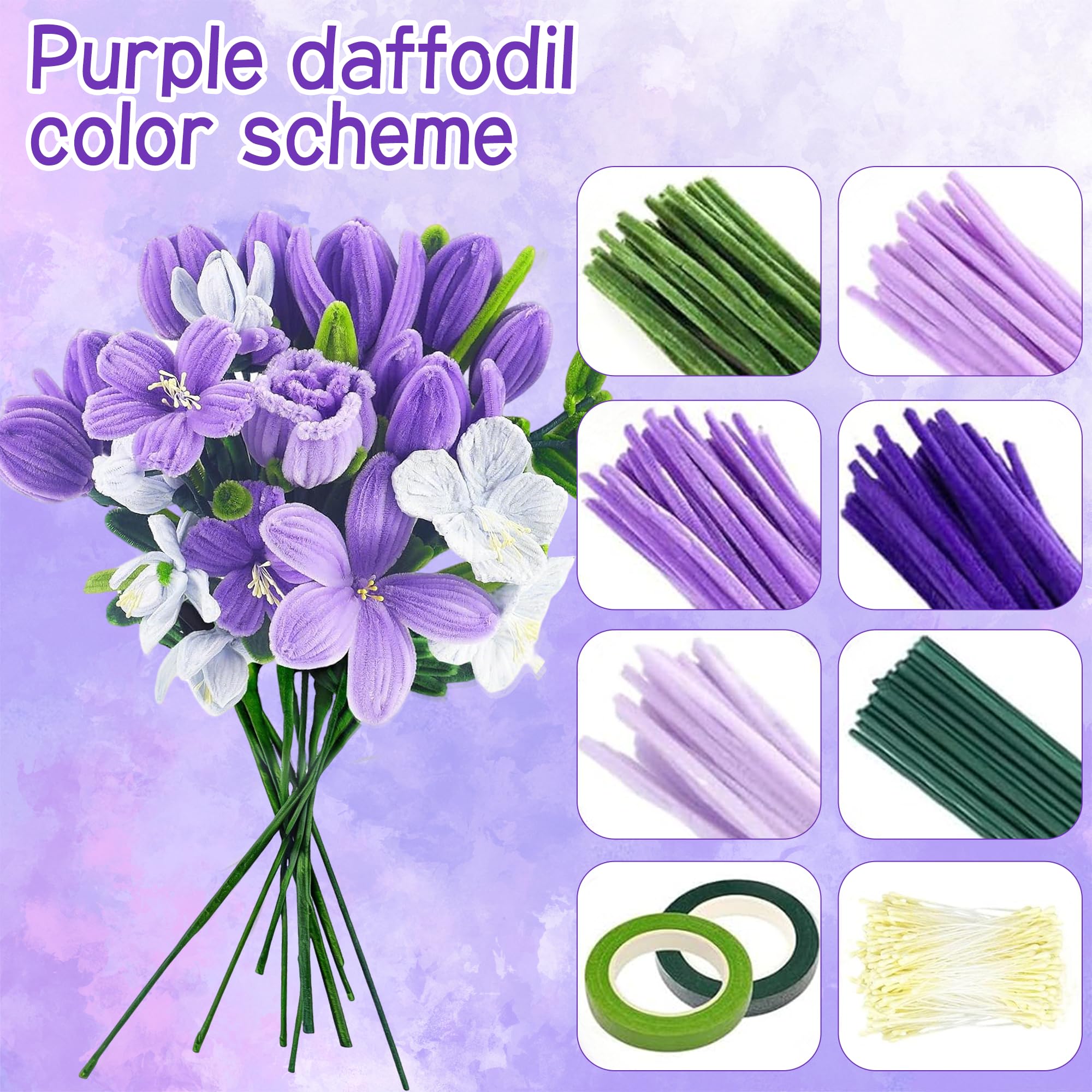 Kit Complet Fleurs en Fils Chenille 850 Cure-Pipes 15 Couleurs avec Étamines Artificiel pour Décoration DIY