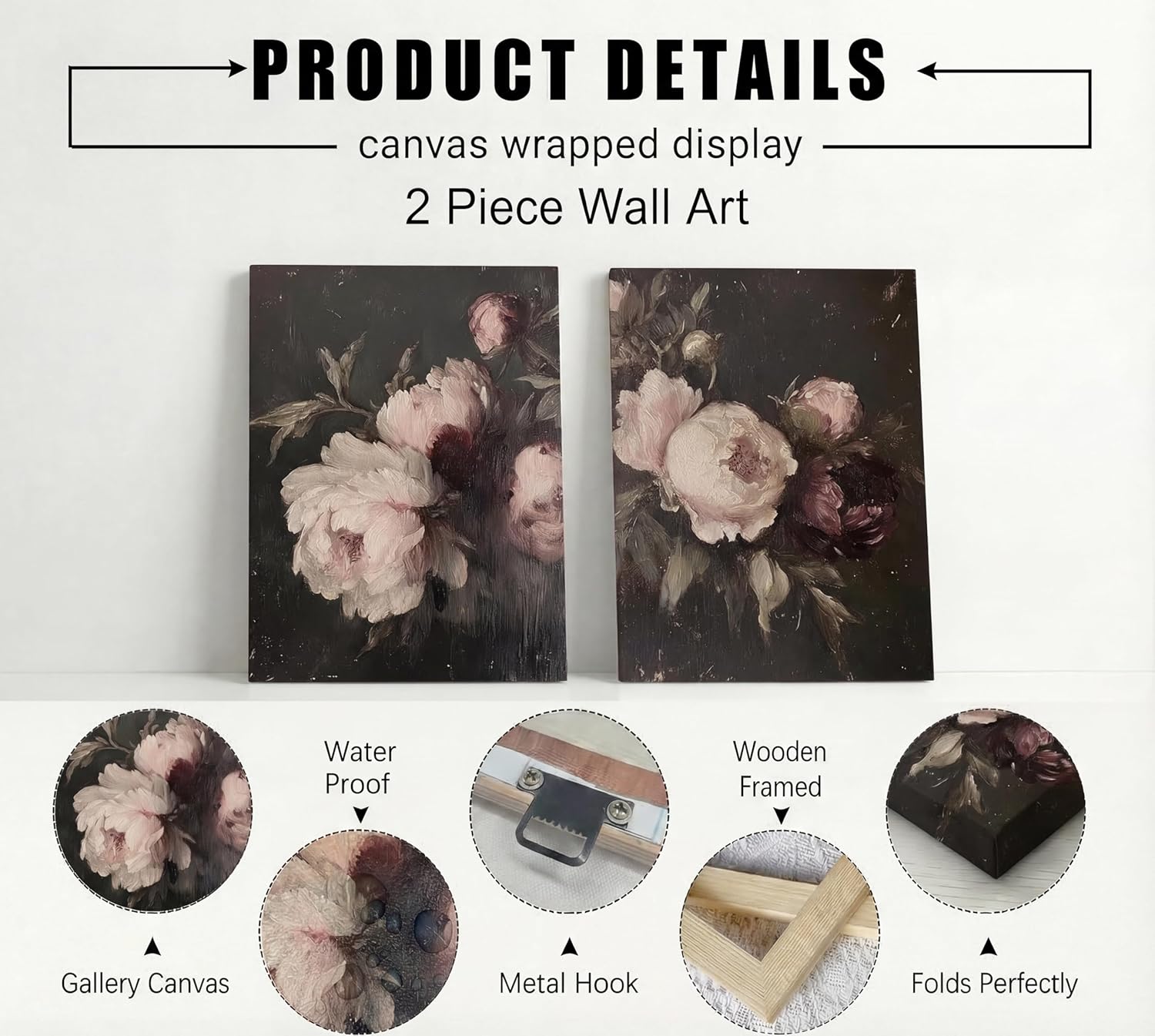 KKJ Vintage Floral Canvas Wall Art Set of 2, Dark Moody Peony Rose Painting Prints, Canvas Wrapped Wall Decor for Living Room Bedroom Bathroom, 12 x 16 Inch Each