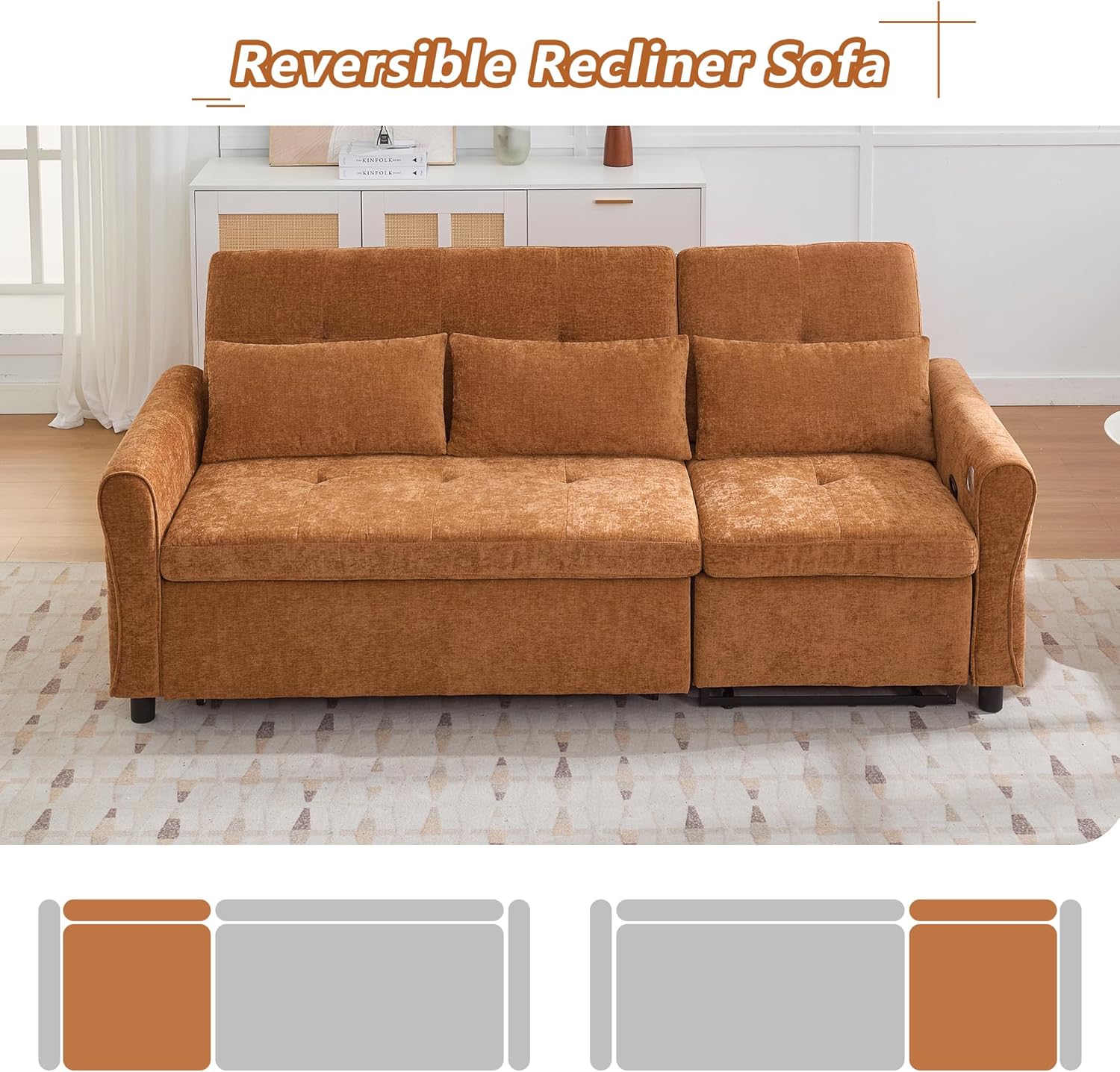 Diagram showing three-level adjustable backrests for sofa bed and recliner