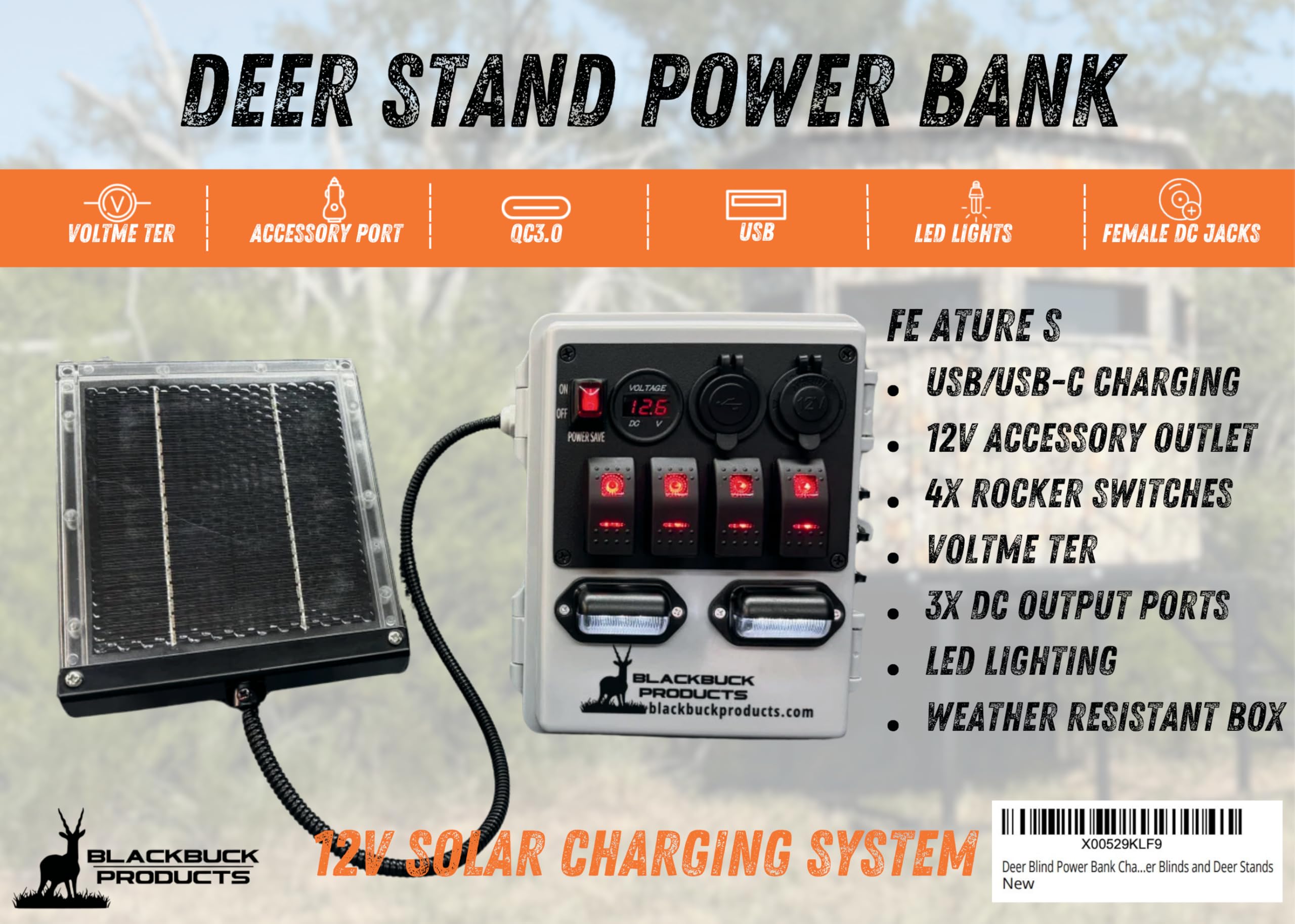 Deer Stand Power Bank z panelem słonecznym, przenośna skrzynka na baterie 12 V, odporna na warunki atmosferyczne obudowa ABS, system ładowania z wieloma portami, światła LED, ochrona bezpiecznika 10 A