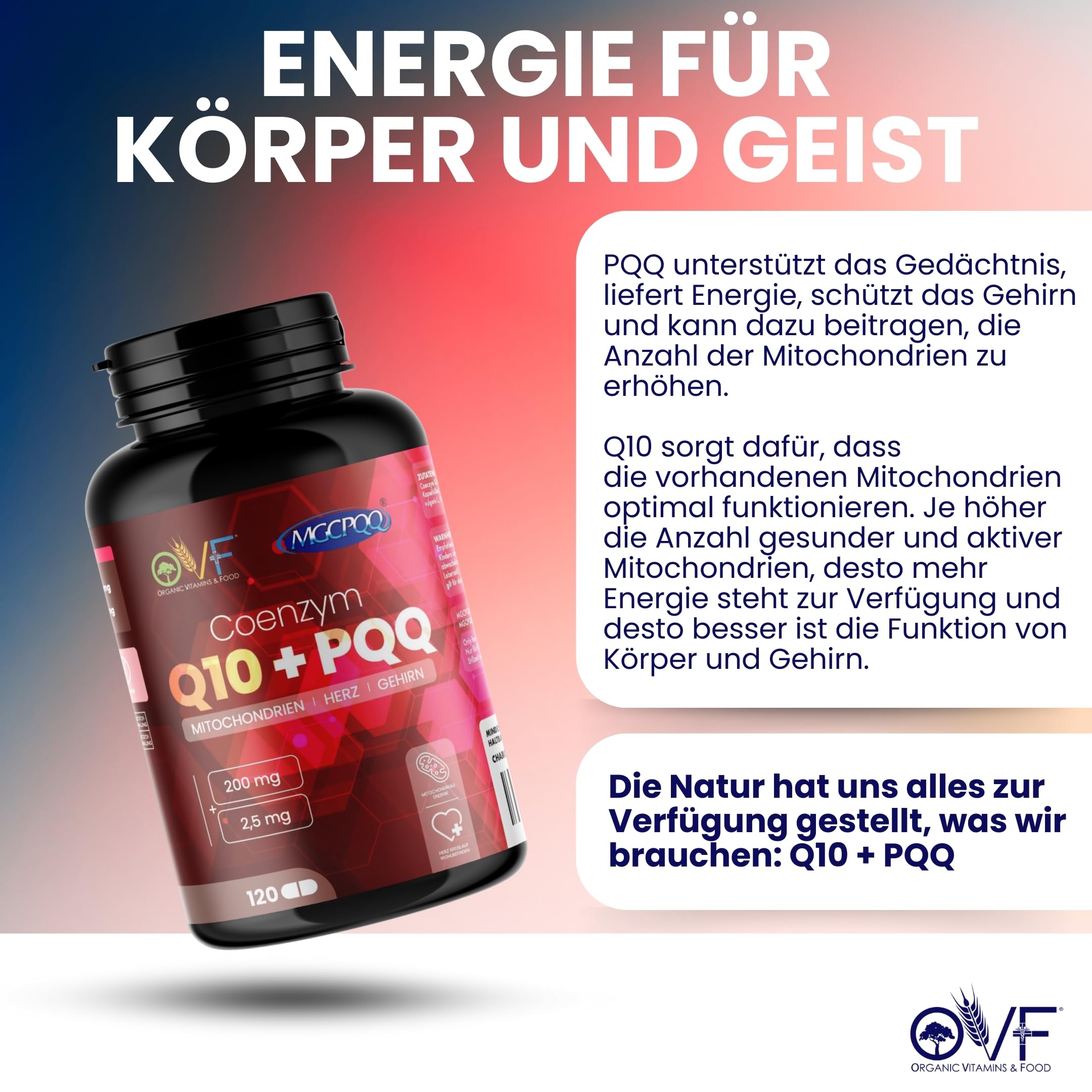 OVF Coenzym Q10 + Pqq 120 Kapseln 200mg Coenzym Q10 Kapseln Hochdosiert Coq10 Nahrungsergänzungsmittel Energía y Bienestar Reduce el Cansancio Antioxidantien Hochdosiert Vegan Made In Italy