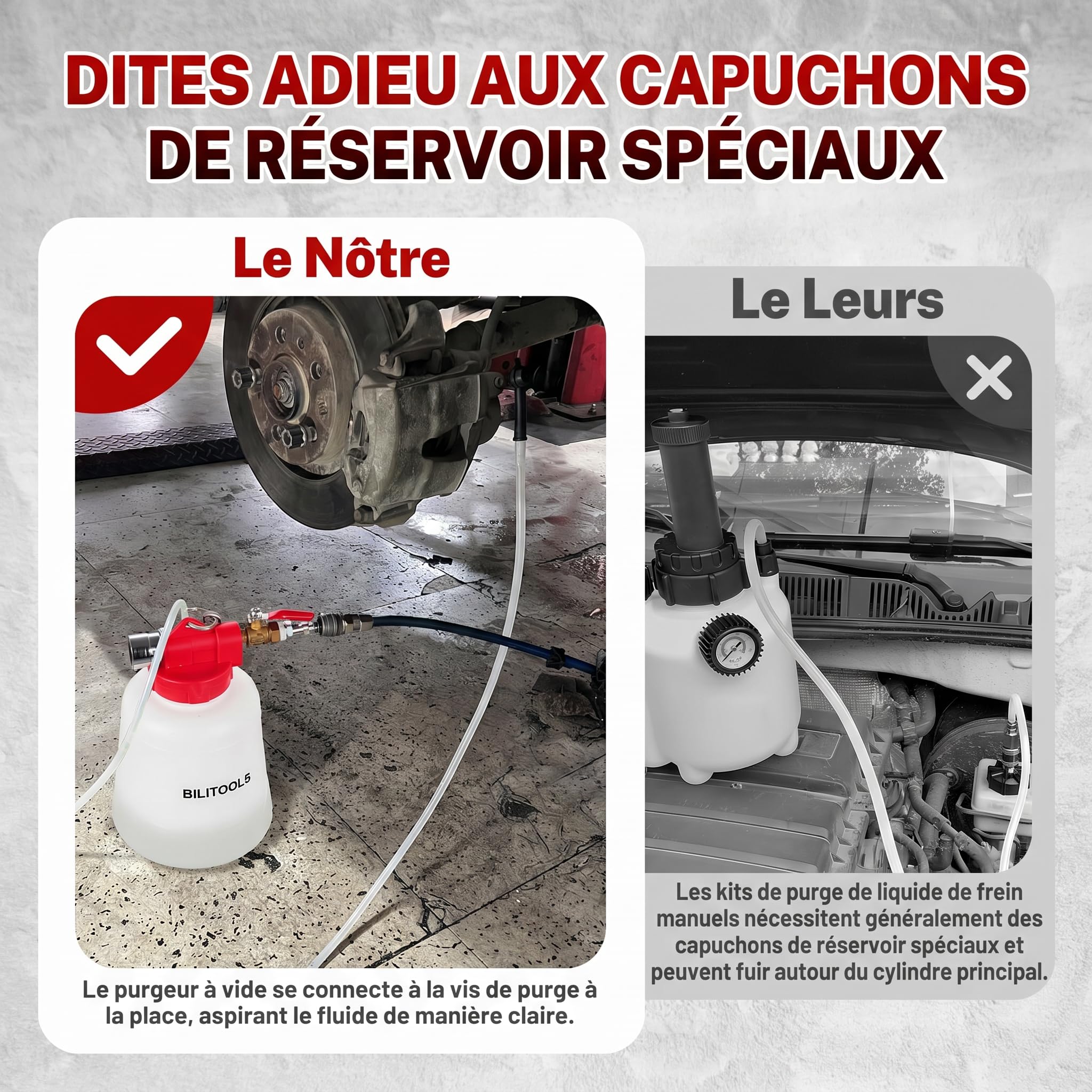 BILITOOLS 1L Purgeur de Frein Voiture et Moto Universel, Pneumatique Pompe à Vide Kit Purge Liquide de Frein par Aspiration avec 4 Adaptateurs, Purgeur ABS pour Frein et Embrayage | Kit d'extraction de liquide d'embrayage pour système de frein pneumatique