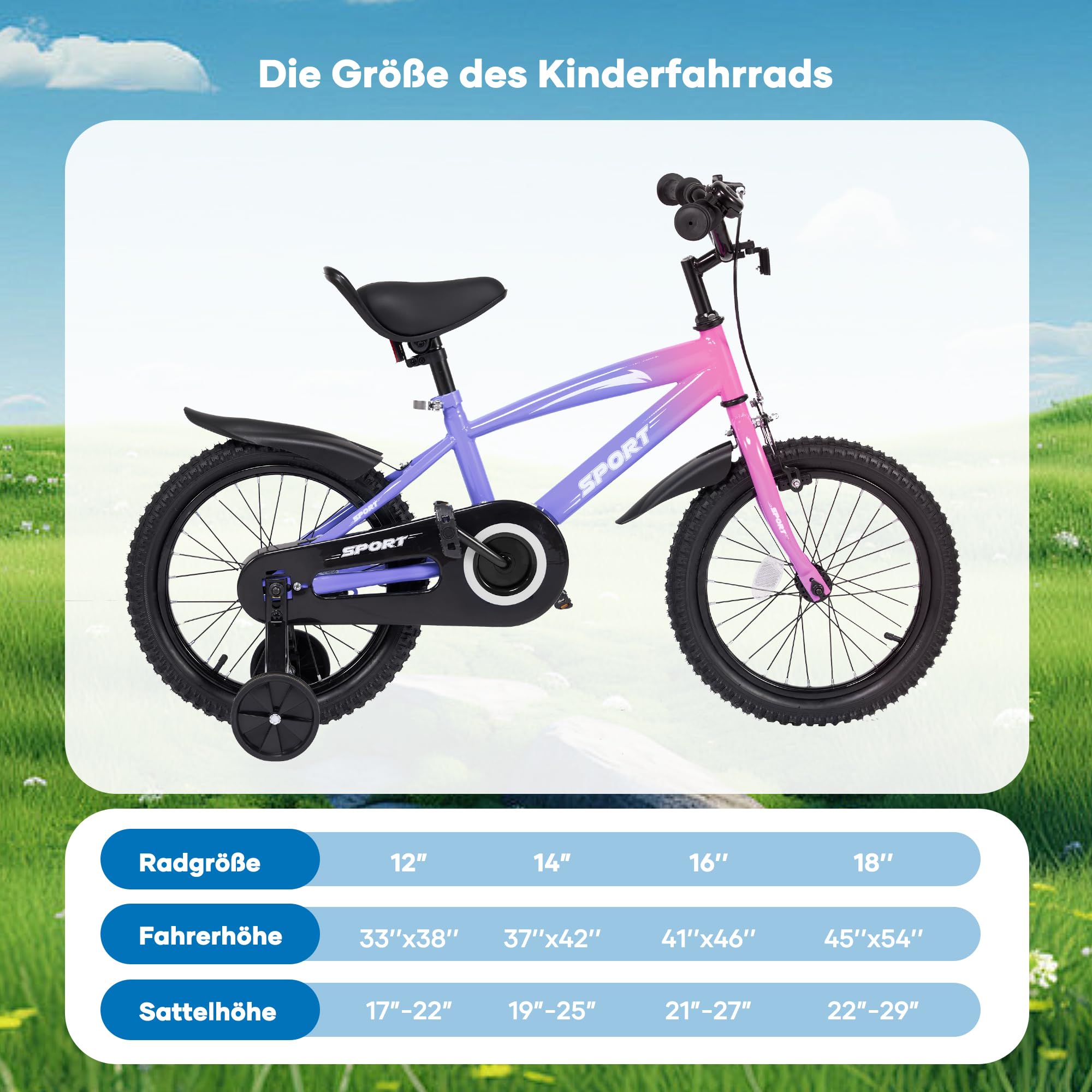 BODIOO Vélo enfant 14 pouces, vélo pour garçon et fille avec roues stabilisatrices, cadre stable, siège réglable, frein arrière et frein à main, adapté pour les cyclistes de 94 à 107 cm (dégradé