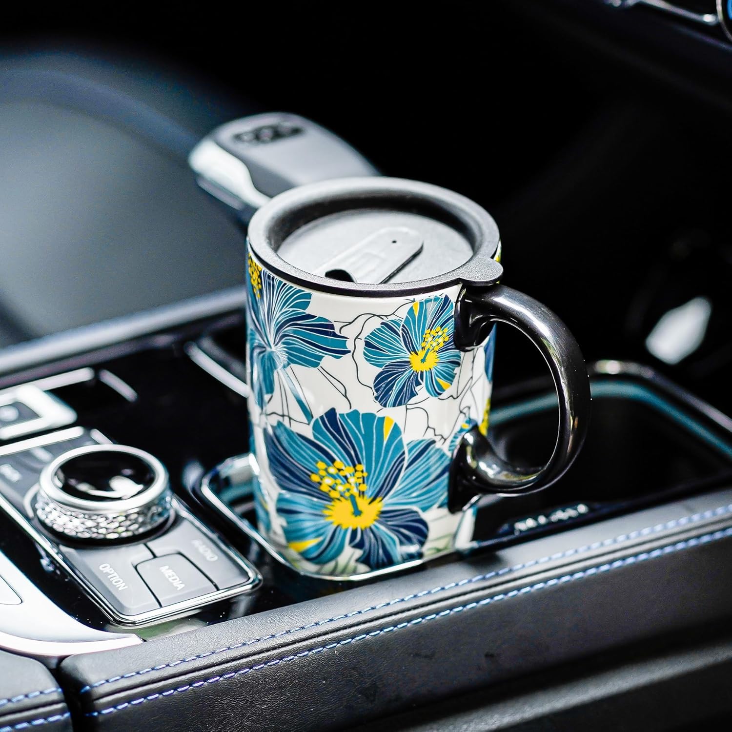 Topadorn Ceramic Coffee Mug Porcelain Latte Tea Cup With Lid Handle and Gift Box 17oz.,Blue Flowers - Image 2