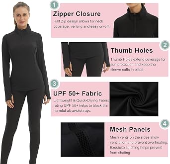Womens Pullover 1/4 Zip Running Jacket Thermal Tops Long | Base Layer with Thumb Holes Thermals Yoga Shirts for Ski Hiking Cycling