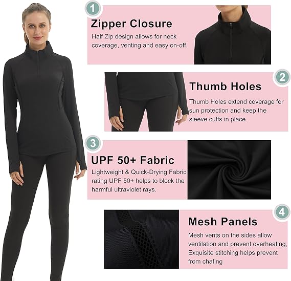 Womens Pullover 1/4 Zip Running Jacket Thermal Tops Long | Base Layer with Thumb Holes Thermals Yoga Shirts for Ski Hiking Cycling
