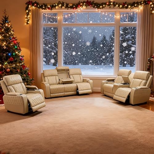 Juego de sofá reclinable eléctrico para sala de estar, sofás reclinables de cuero caqui con puerto USB, sofá de cuero con sillón reclinable