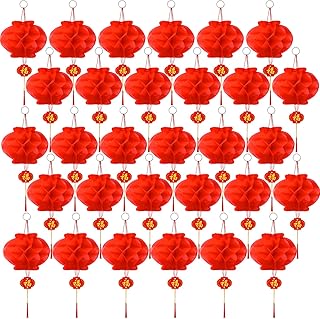Pangda 30 Pieces Red Paper Lanterns Hanging Chinese Lantern Chinese New Year Decoration for Spring Festival Hanging Embellishment (9.4 inch)