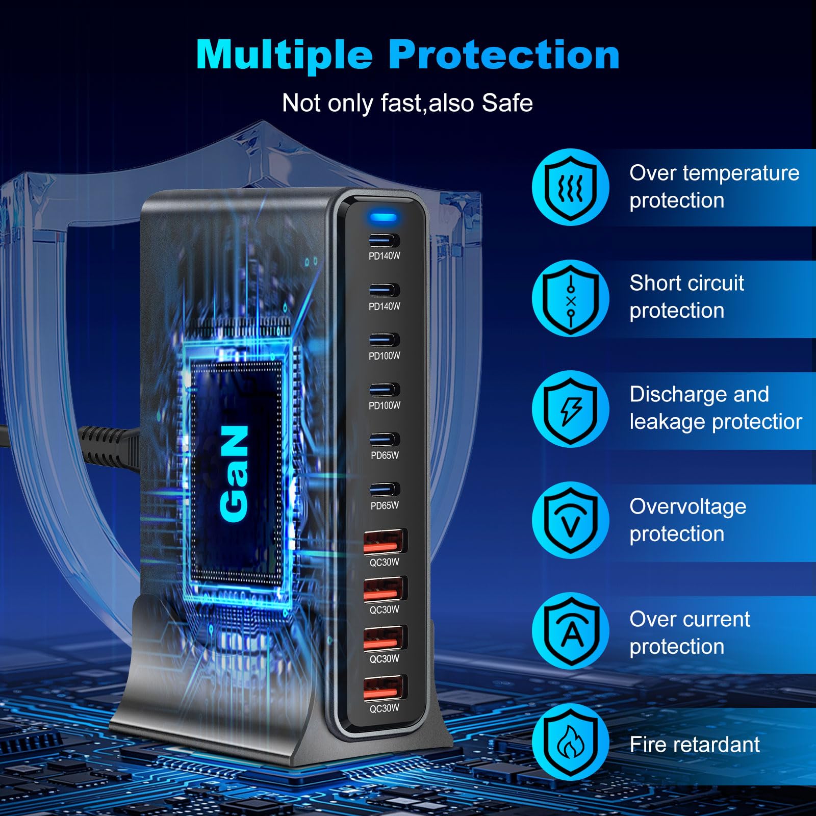 GaN III Chargeur USB C 730 W avec 10 ports, chargeur rapide USB GaN III avec 6 ports USB-C et 4 ports USB-A, Power Delivery, station de charge USBC pour MacBook Pro/Air, iPhone, iPad, Samsung plus