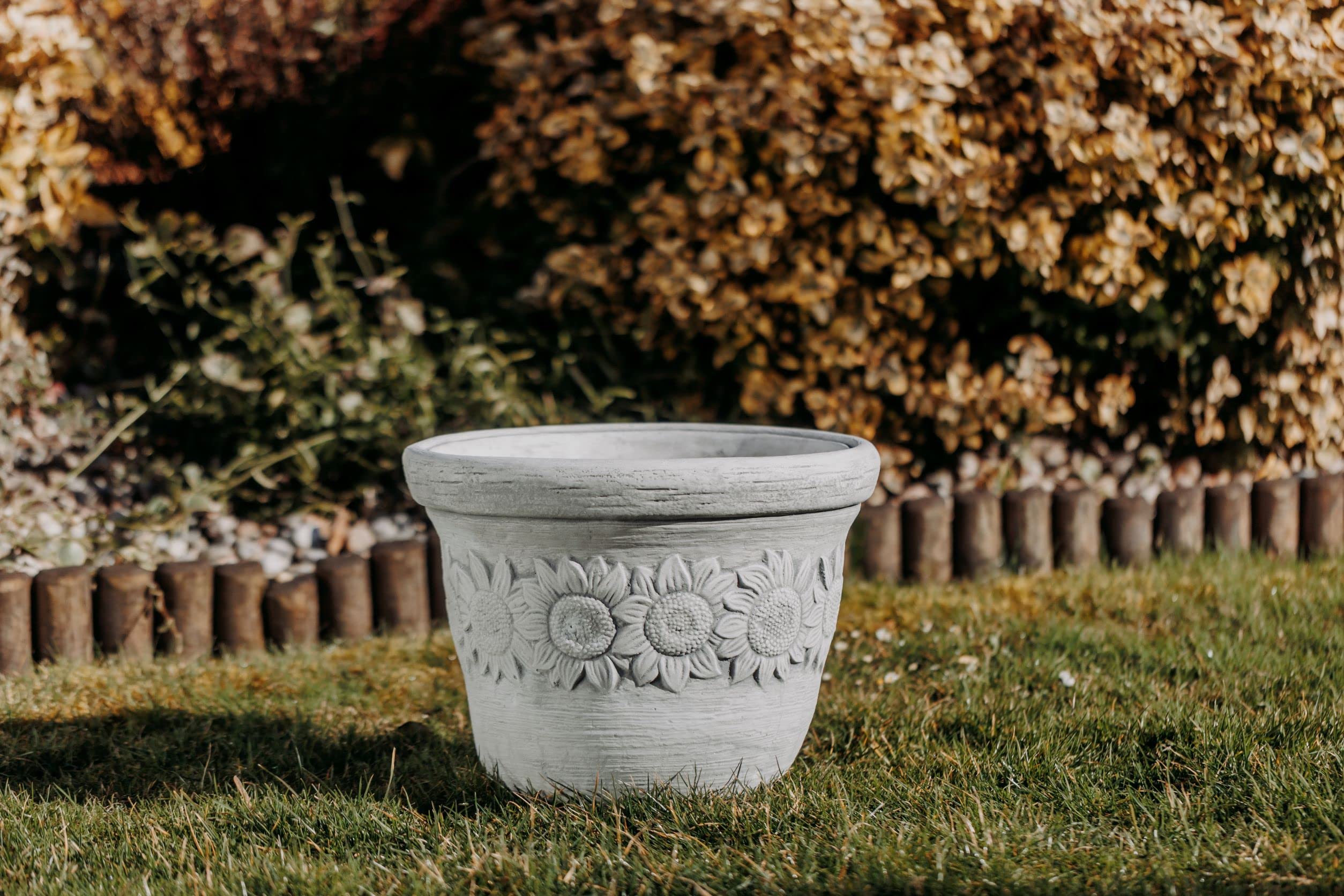 gartendekoparadies.de doniczki z motywem słonecznika, zestaw doniczek z żeliwa, wys. 35 cm, 29 l, 23 kg, szare, odporne na mróz, do użytku na zewnątrz (dł. / 17 l)