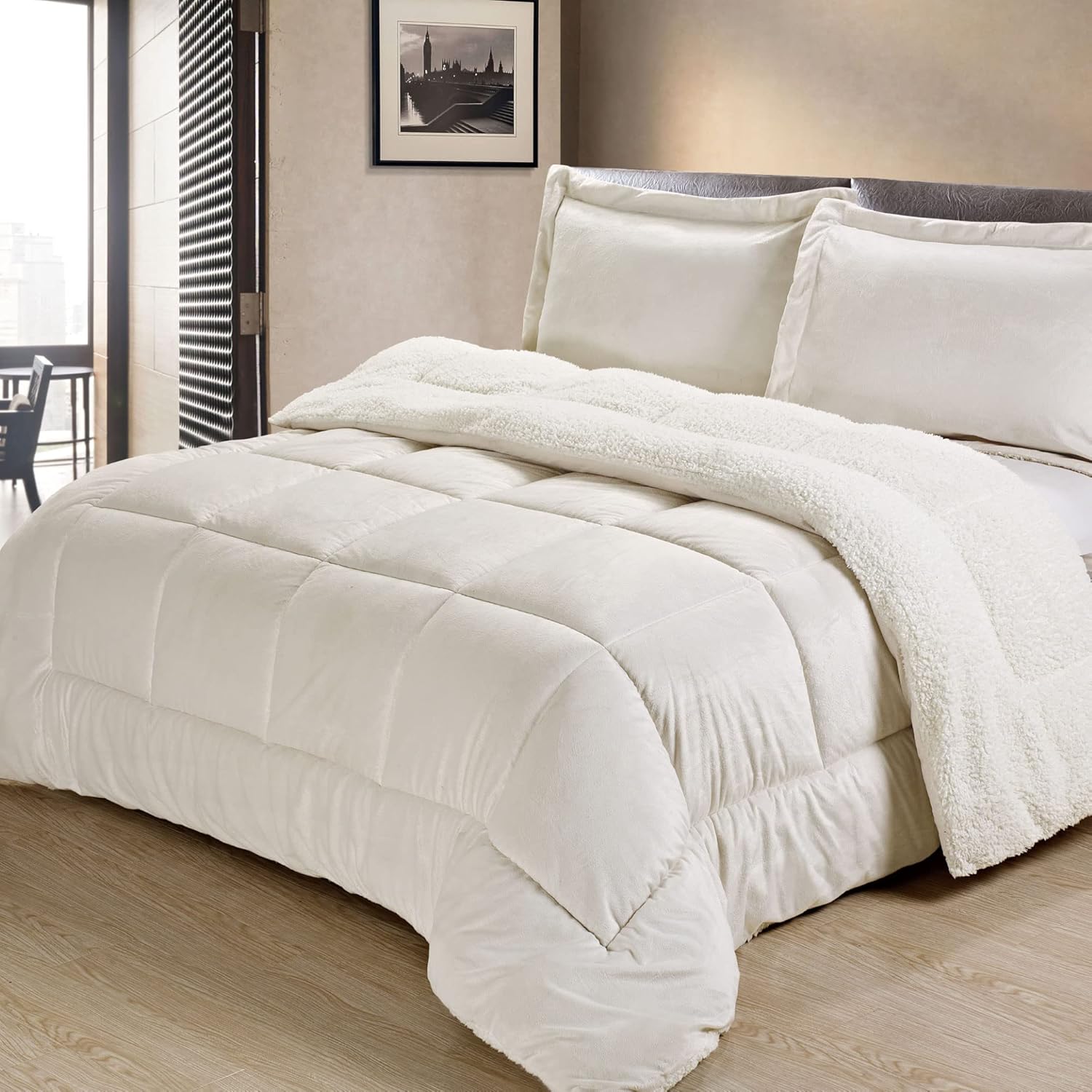 cathay home twin comforter set: ultra soft and plush reversible micromink and sherpa 2-piece bedding set, ivory, twin (66" x 86") twin ivory