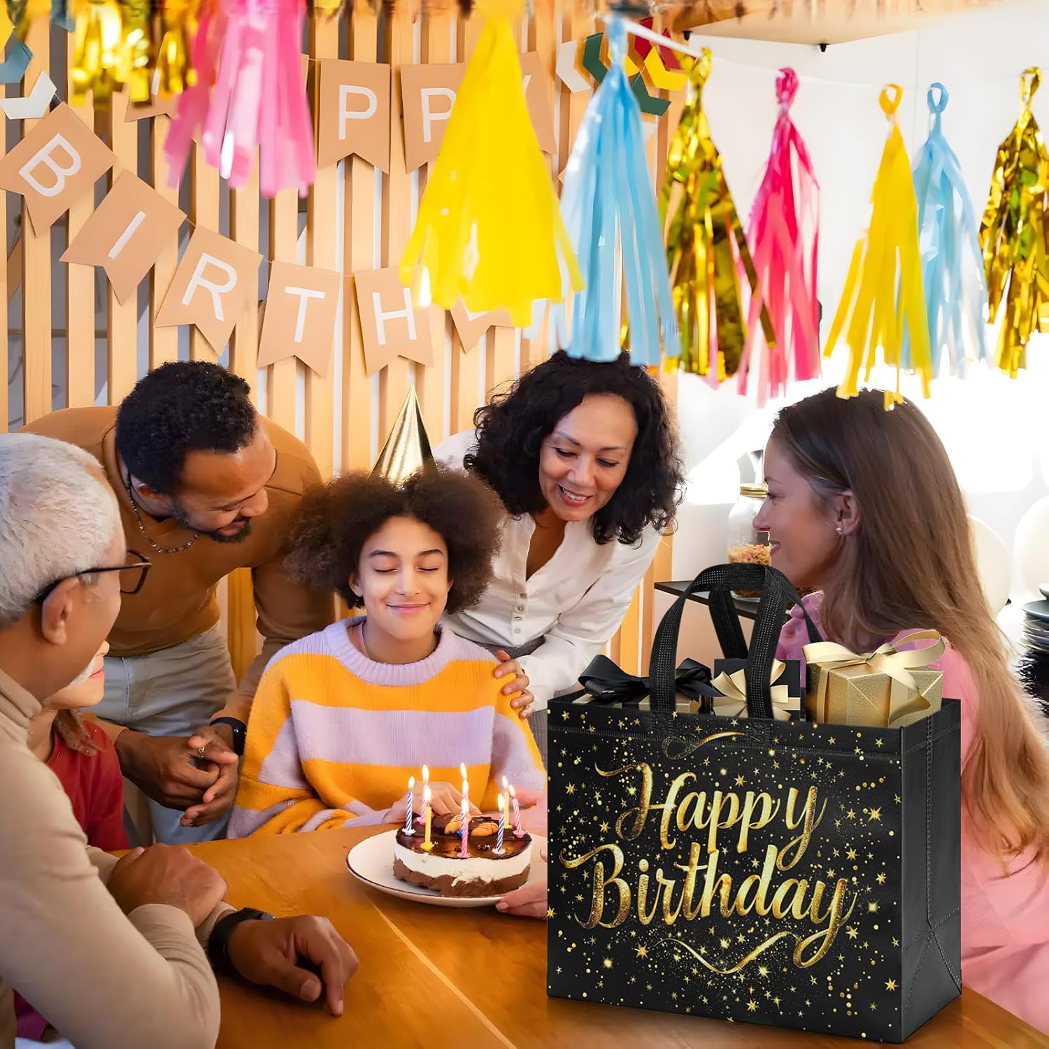 STYPOP 6 Pack 13" Large Birthday Gift Bags with Tissue Paper & Cards, Reusable Non-Woven Happy Birthday Bags with Handles, Perfect Gifts for Men, Boy, Kids, 12.8" x 10.2" x 6.3"