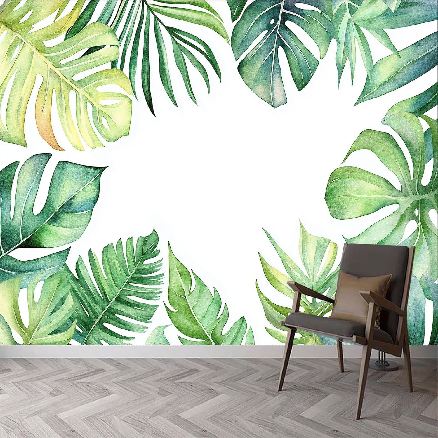 Papier peint panoramique feuilles tropicales effet peinture à la main trompe l'oeil 3D