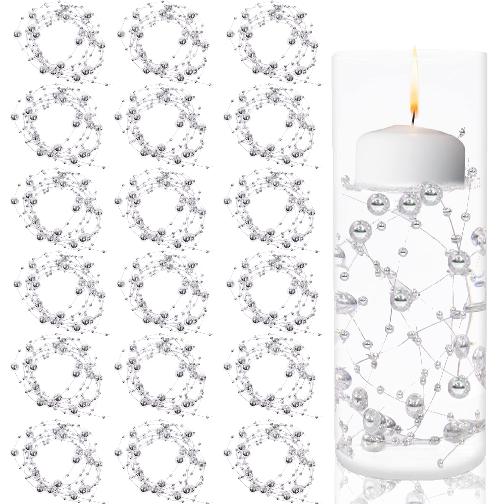 24 Pack Artificial Pearl String for Floating Candles, 1.5 m/59 Inch per Pearl String for Vase Filler for Wedding Table Party Home Centerpieces Decoration, Silver