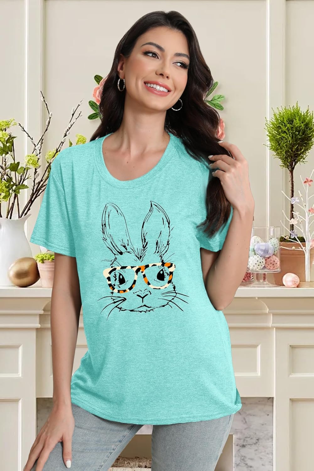 Easter Shirts for Women Happy Easter Bunny Print T-Shirt Cute Rabbit Leopard Tee Tops - Image 3