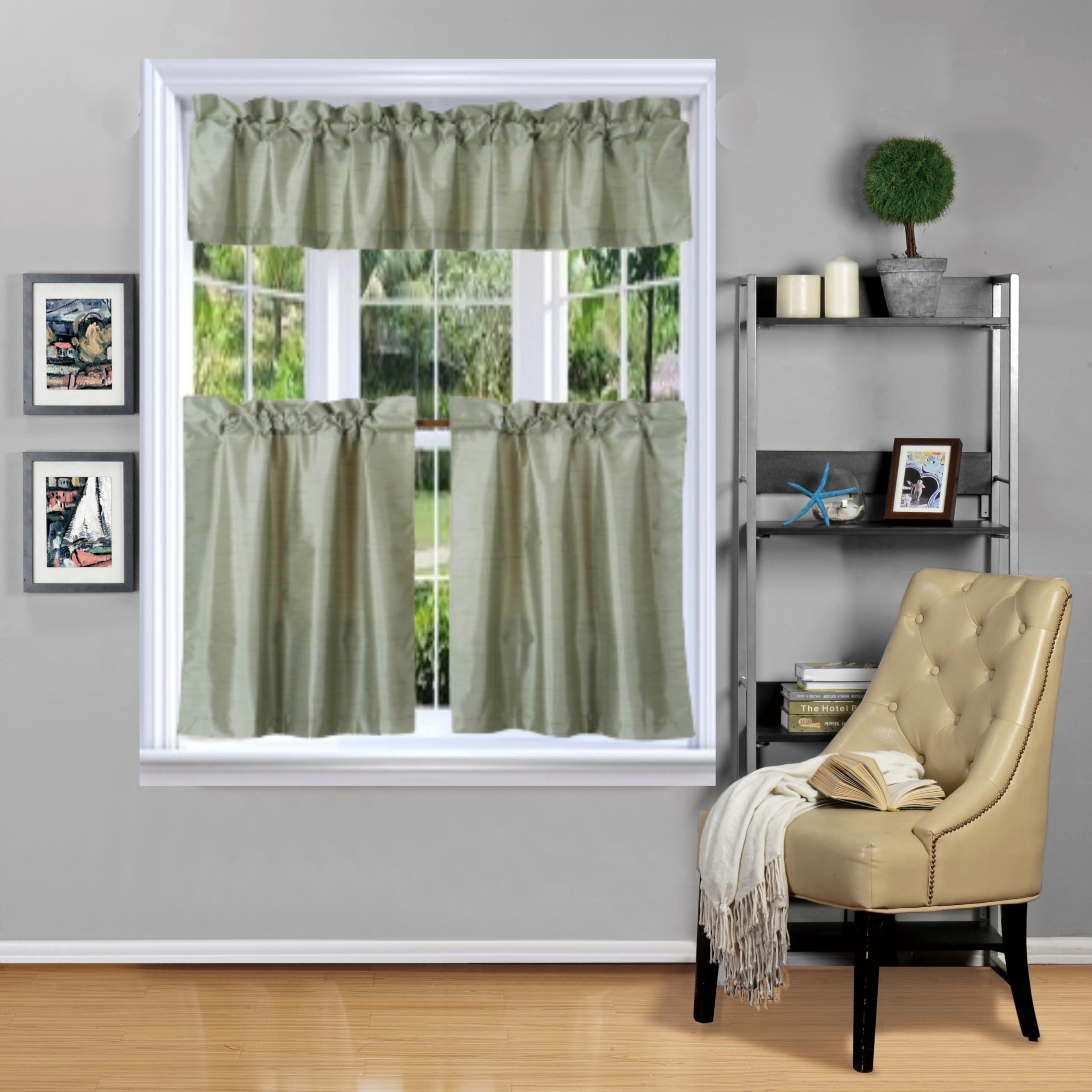 Multipurpose Set Solid Rod Pocket Small Short Window Panel Dressing Foam Lined Blackout Curtain Treatment 3pc 24" l (K4) (SAGE Green)
