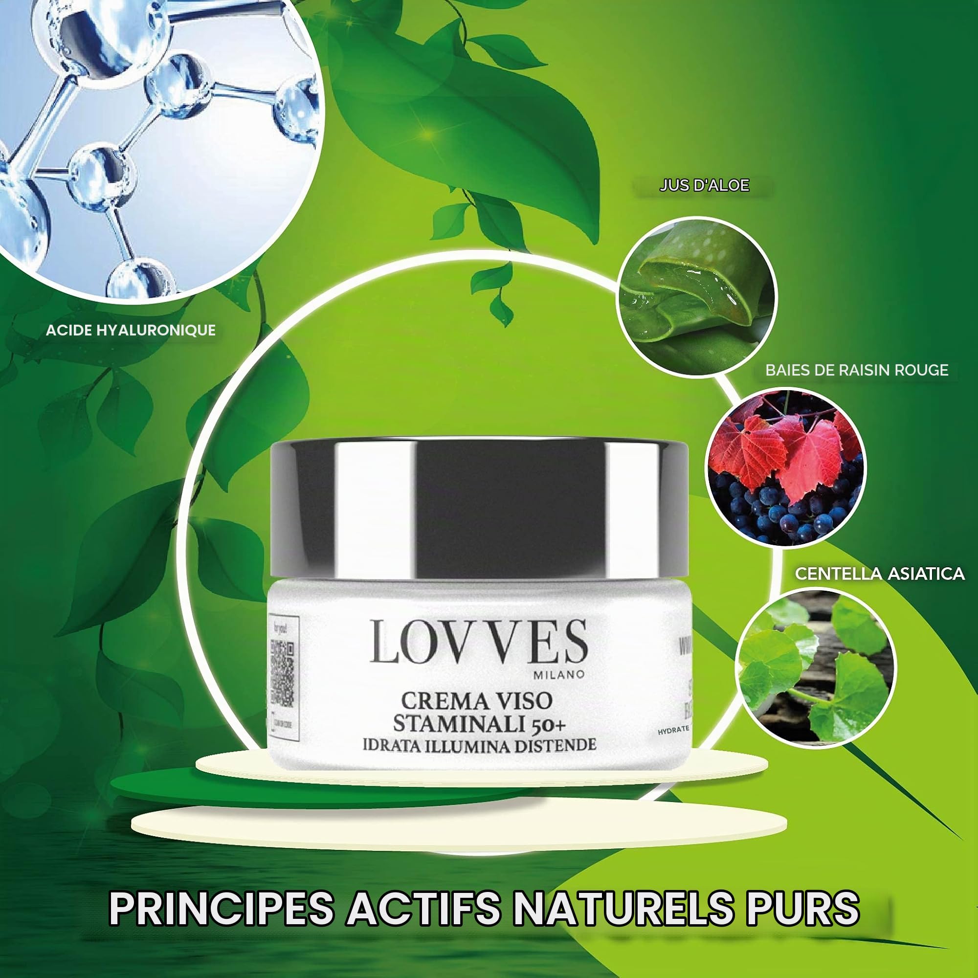 Crème Visage Cellules Souches 50+, Haute Cosmétique Naturelle, Crème Visage Anti-Rides, Anti-âge pour Peaux Matures, Hydratante, Jour et Nuit, Format Pot Verre 50 ml