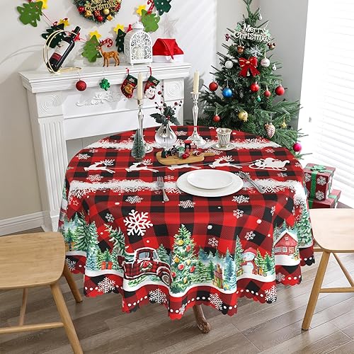 Miniatura 3 de Mantel redondo de Navidad de 70 pulgadas, decoraciones navideñas para el hogar, mantel de Navidad resistente al agua, camión rojo, Navidad, Navidad,