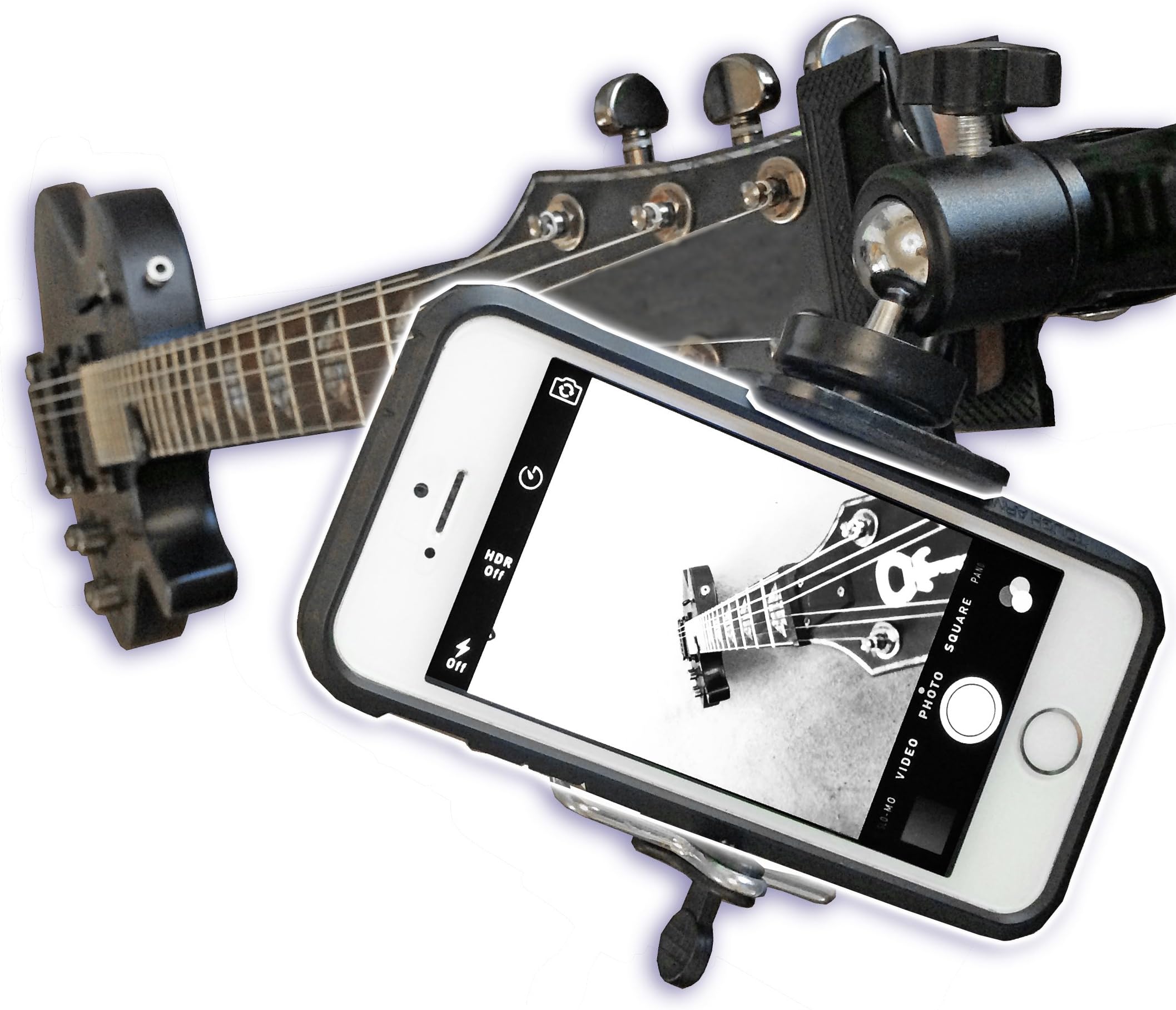Guitar Headstock Clip On Mount with Ball Head Joint ~ For SmartPhones & Most Cameras ~ Close Up Home Recording ~ Plus Guitar Pick Holder Keyring