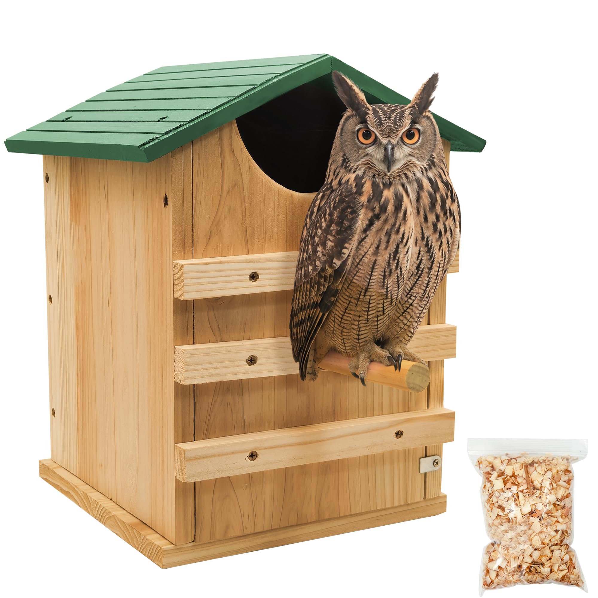 PROLEE Screech - Casa de búho para exteriores, caja de anidación de búho de cedro de 14 x 10 pulgadas con puerta de limpieza, accesorios de montaje y virutas de madera, casa de pájaros de madera