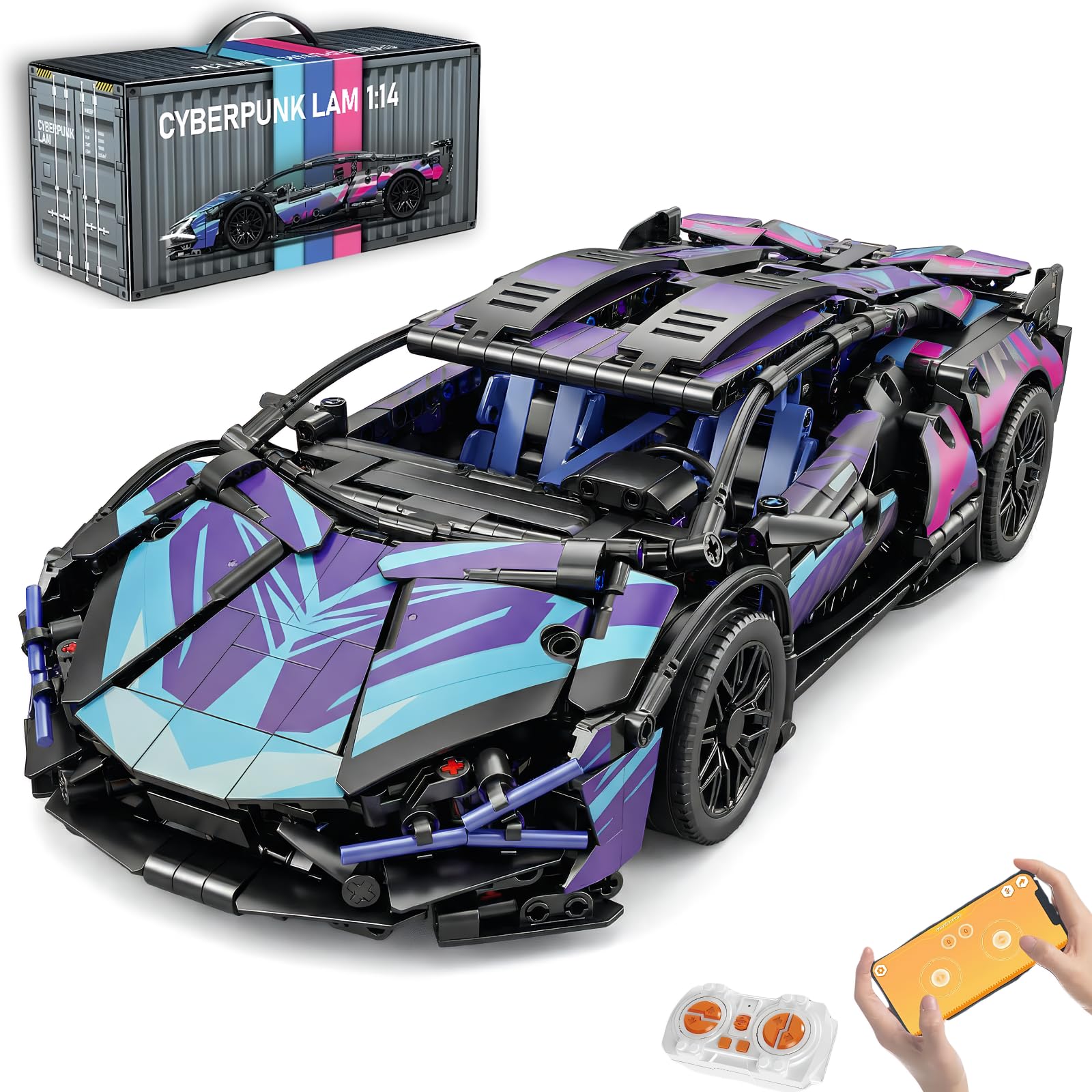 DIY RC Kit - 1280PCS Remote Control Car for Adults & Kids, 1:14 Scale Remote Control Car Building Kit with LED Lights, STEM Building Blocks for Creative Play