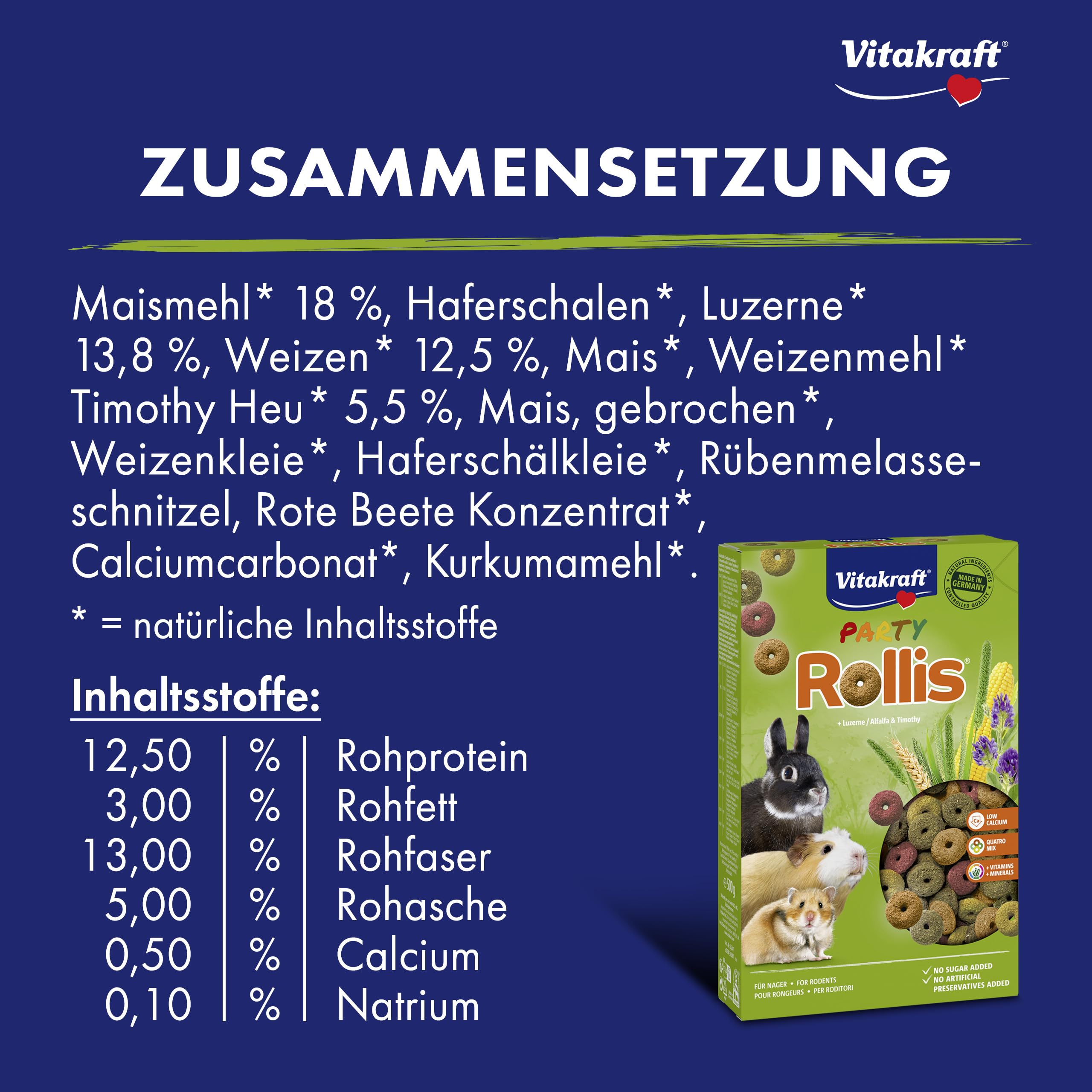 Vitakraft Rollis, Knusperringe für Nager, calciumarm, mit Luzerne, als Ergänzung zum Hauptfutter oder als Snack zwischendurch, ohne Zusatz von Zucker und Getreide (7X 500g)