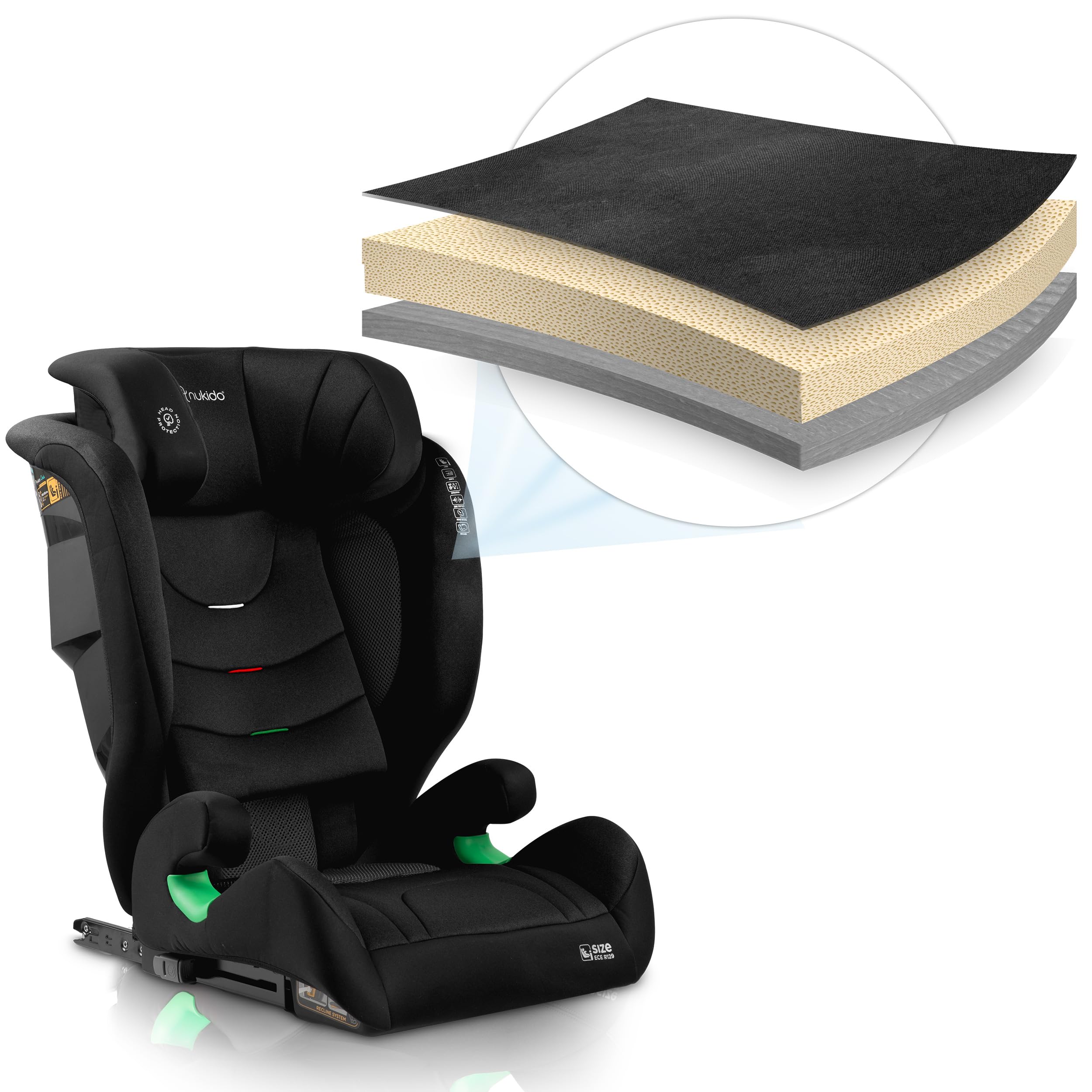Nukido Kindersitz 15-36 kg Autositz Kinder Kinderautositz i-Size ISOFIX 4 Punkt Sicherheitsgurt 100 Bis 150 cm Einstellung Der Kopfstütze Abnehmbarer Bezug Waschbar 4 Bis 12 Jahre Schwarz