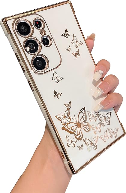 ZTOFERA Case for Samsung S23 Ultra 5G, Plating Butterfly Pattern Case with Electroplate Golden Edging, Flexible TPU Protective Shockproof Bumper Cover for Samsung Galaxy S23 Ultra - White