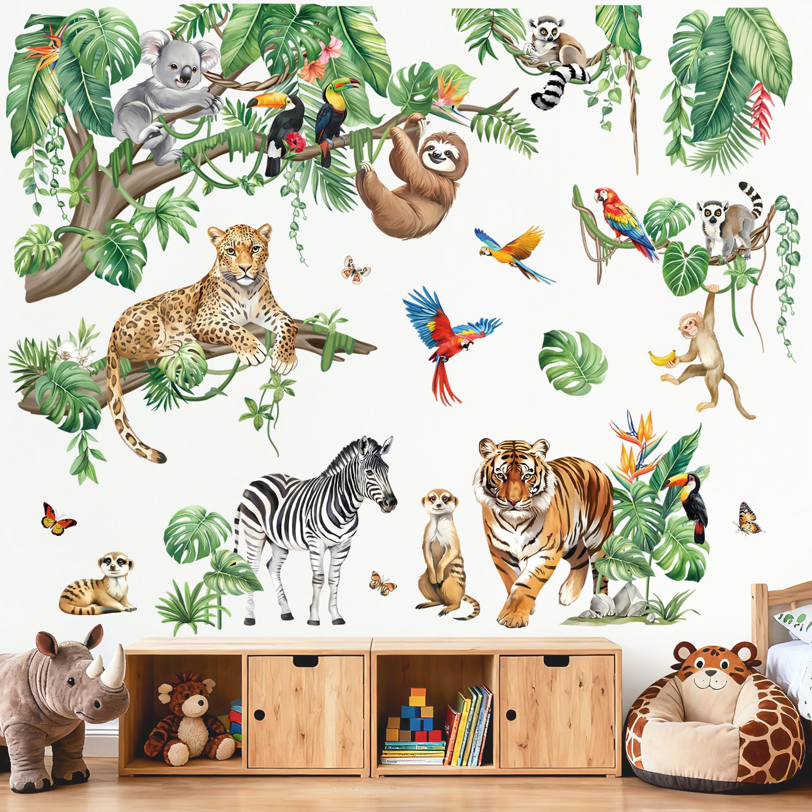 decalmile Stickers Muraux XXL Animaux de la Jungle Autocollant Mural Grand Feuilles Tropicales Animaux Safari Tigre Zèbre Décoration Murale Bébé Pépinière Chambre Enfants