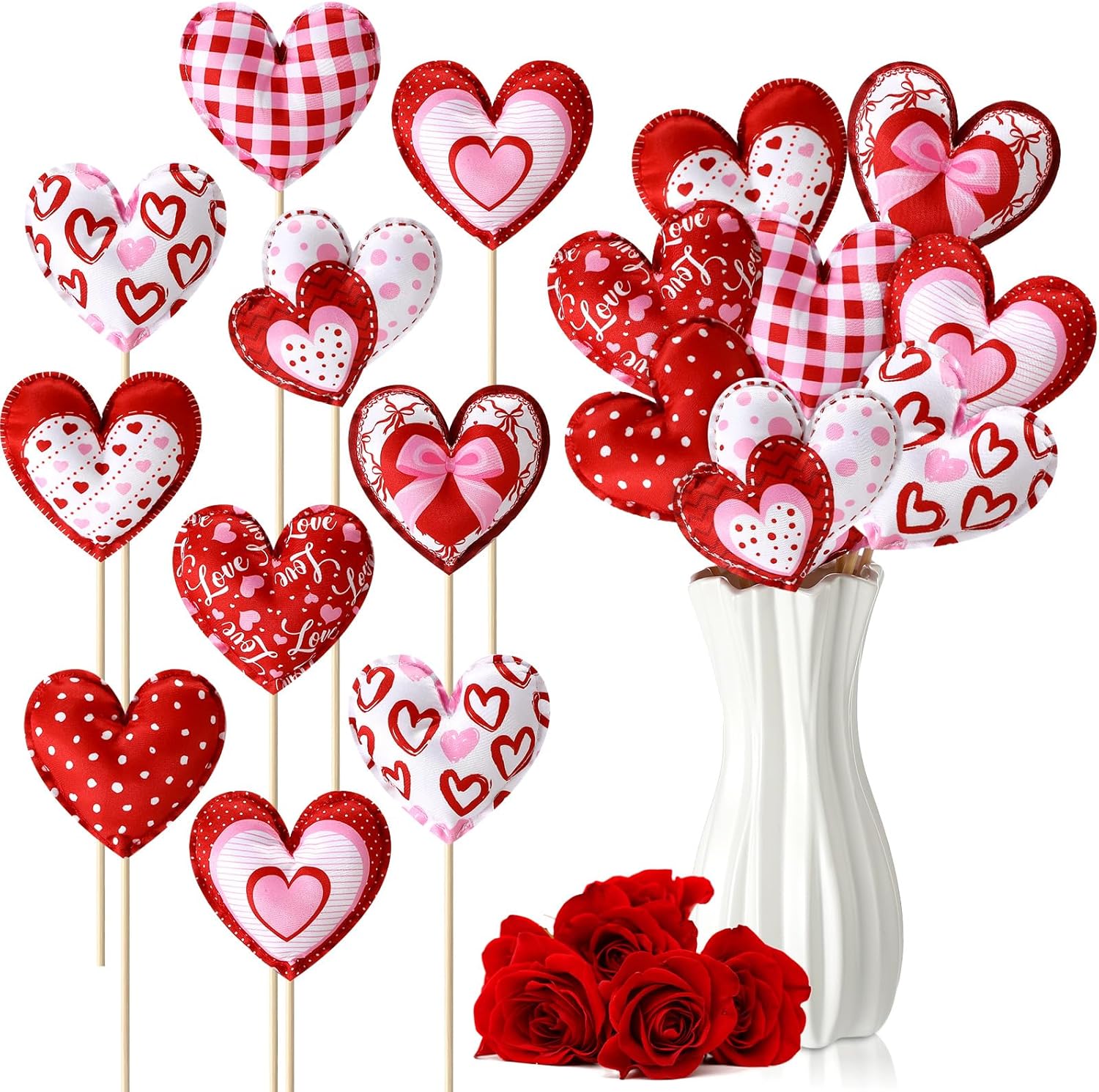 Norme 24 Pcs Happy Mother Day Heart Flower Picks Decoration Fabric Felt Heart on Sticks 3D Floral Picks for Vase Filler, Artificial Bouquet Decoration for Arrangement DIY(Sweet)