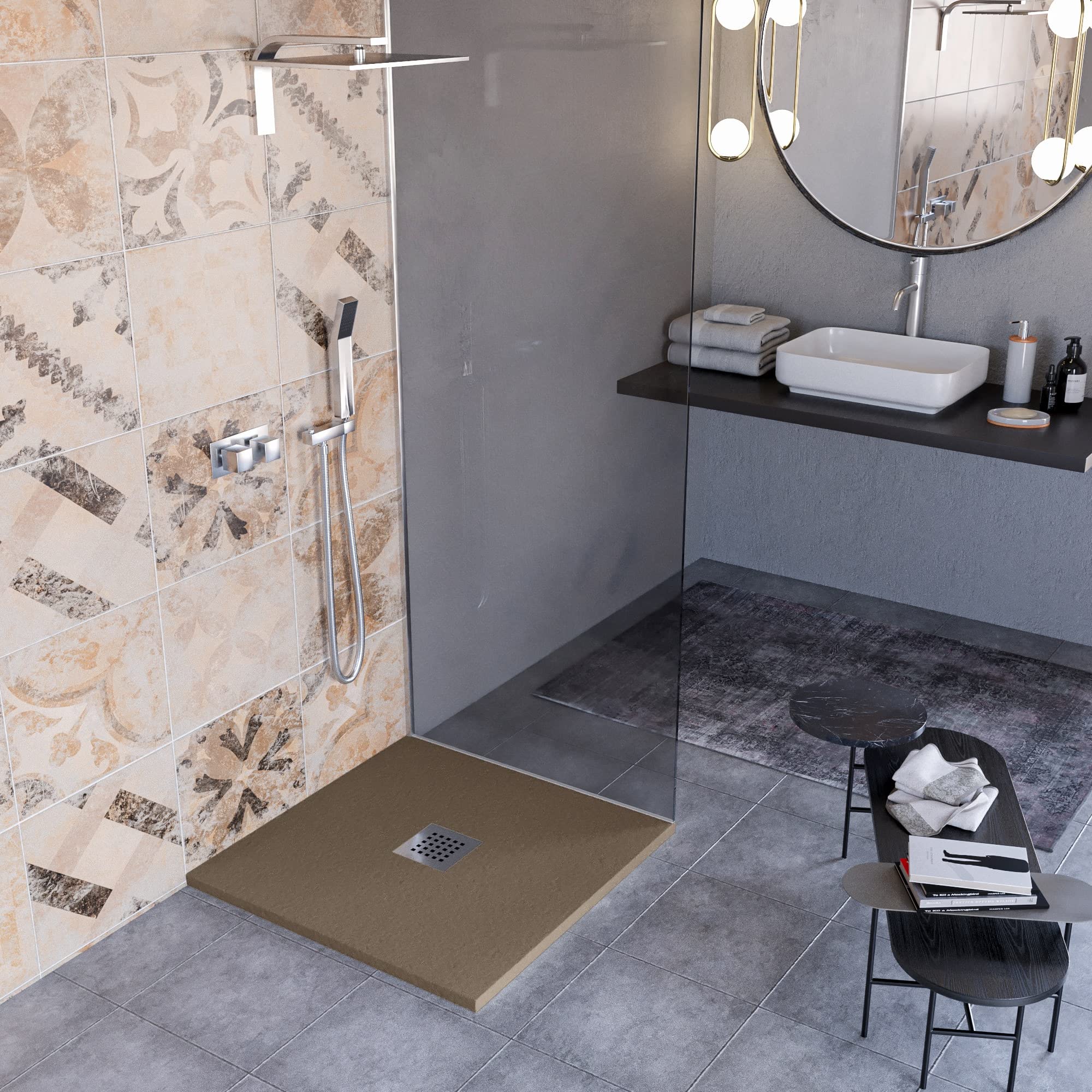 Luminosa ArredoBagno Plato de ducha resina 80 x 120 cm – Modelo Florence – Efecto piedra antideslizante con gel – Fabricado en Italia – desagüe incluido – Color marrón