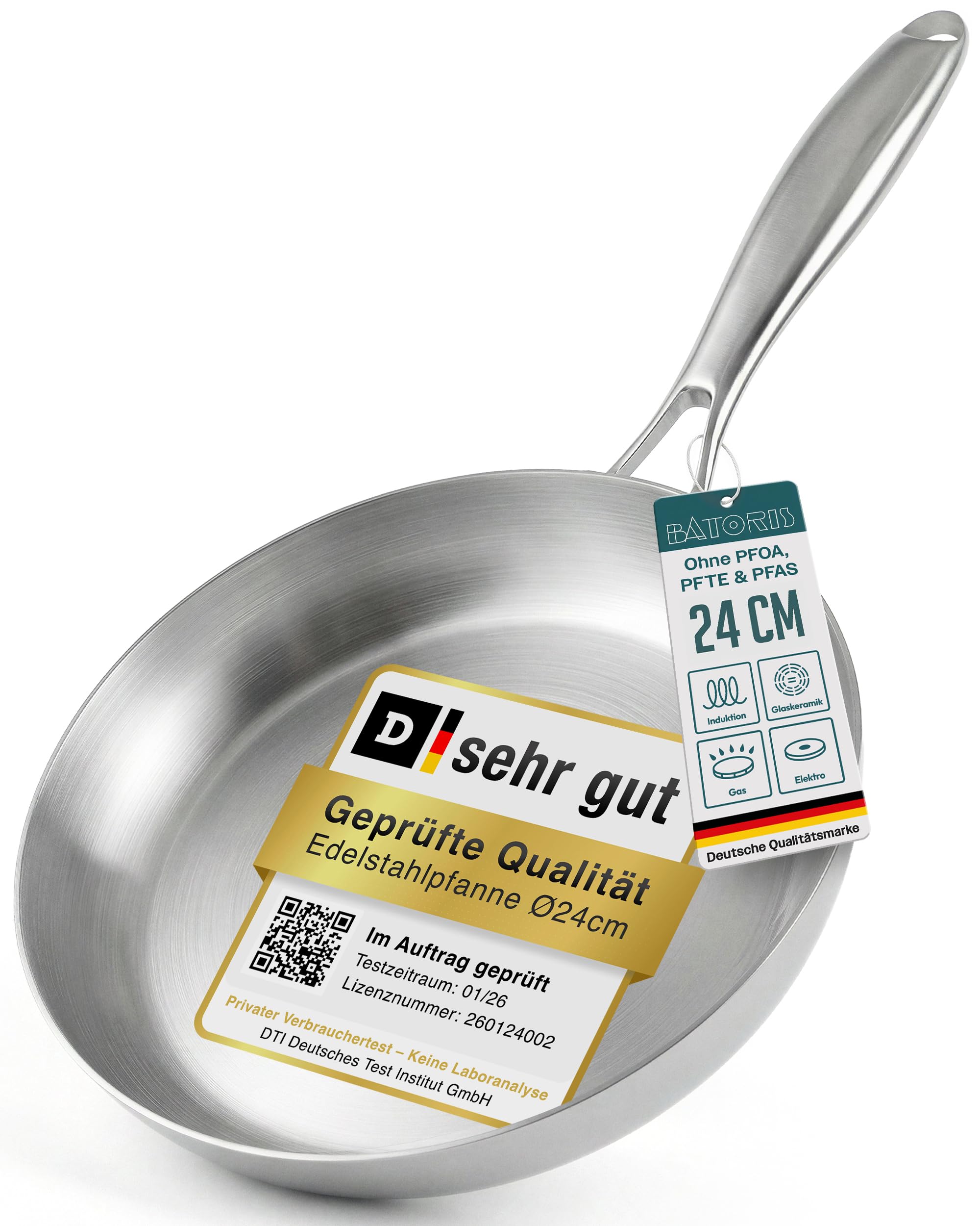 Batoris Edelstahlpfanne Unbeschichtet - Induktion - Profi Bratpfanne 24cm - Perfekt als Steakpfanne & Pastapfanne ohne Beschichtung - Brat- Universalpfanne frei von PFOA, PTFE & PFAS - Ofenfest