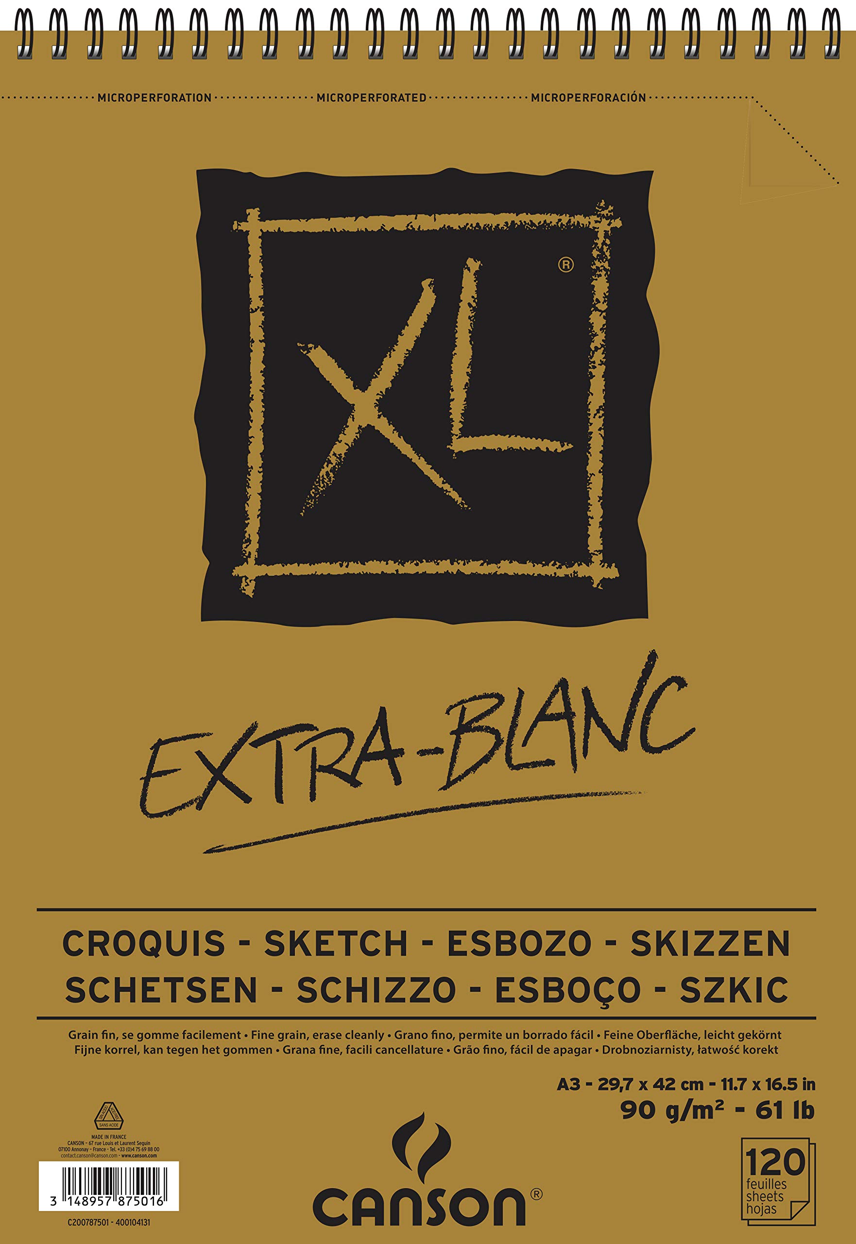 Canson 200787501 XL Extra White blok do szkicowania, 90 g/m², 120 arkuszy w bloku "Spirala na krótkiej stronie", 297 x 434 mm,