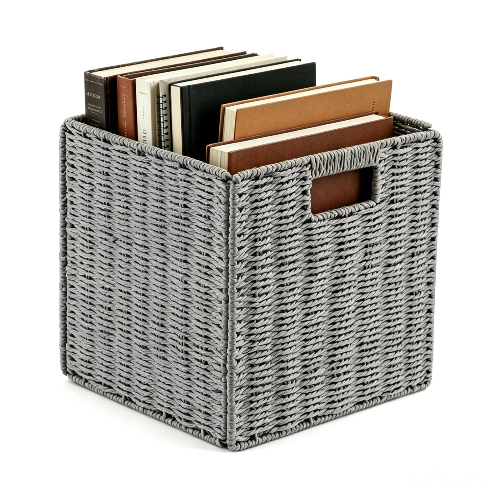 Minifactory Faux Wicker Storage Baskets with Handles Foldable Cube Organizer Bins for Shelves Sturdy Woven Baskets for Laundry Books & Pantry Organization Home Decor Storage Solution (Gray, Small)