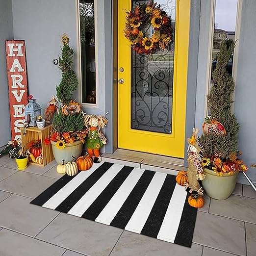 Black and White Outdoor Runner Rug 27.5'' x 43'',Washable Striped Layered Doormats
