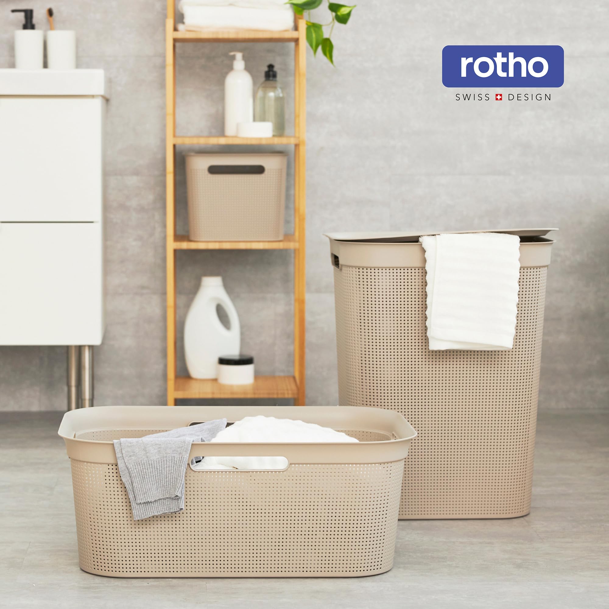 Rotho Brisen 4er-Set Wäschekorb 40l | leichter Wäschesammler mit 4 Griffen für bequemes Tragen | mit Belüftungslöchern | robust & langlebig | einfach zu reinigen & hygienisch | beige