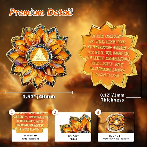 Sunflower 11 Year Sobriety Coin - Colorful Glass Broken and Rebuilt AA Coins - Eleven Year Addiction NA AA Chips and Medallions - 1-20 Celebrate Living Clean Alcoholics Anonymous Gifts for Men Women