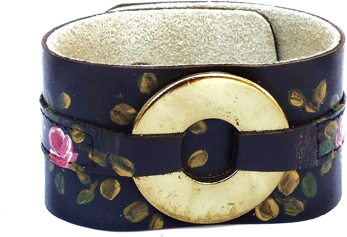 Adjustable Boho Black Leather Cuff Bracelet with Gold Accent and Artist Hand Painted Pink Roses Bohemian Jewelry for Women