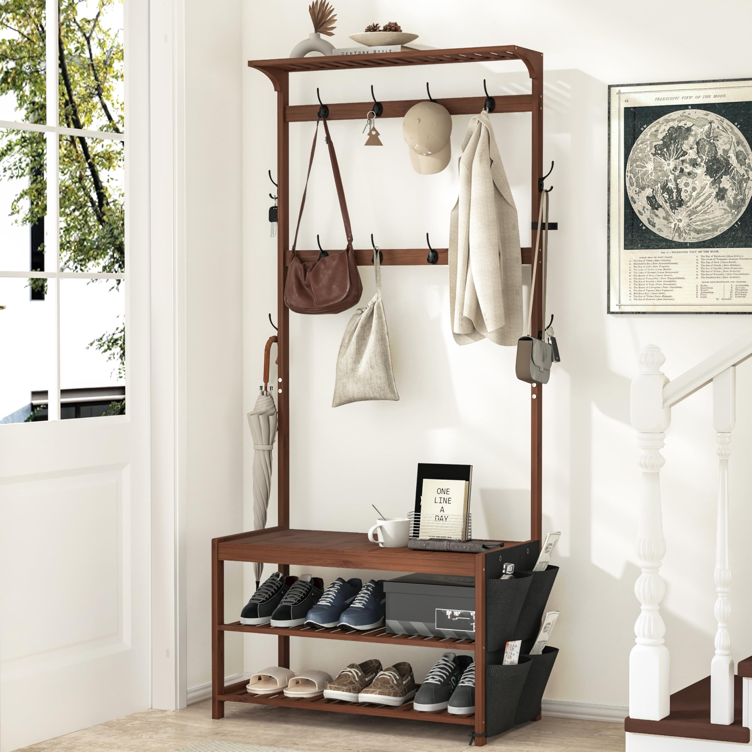 AMBIRD Hall Tree with bench and shoe storage, Entryway Bench with shoe storage, 6-in-1 Coat Rack with Cloth Bag and 12 Coat Hooks, Sturdy Bamboo Frame, Brown 31 * 15 * 70 Inches