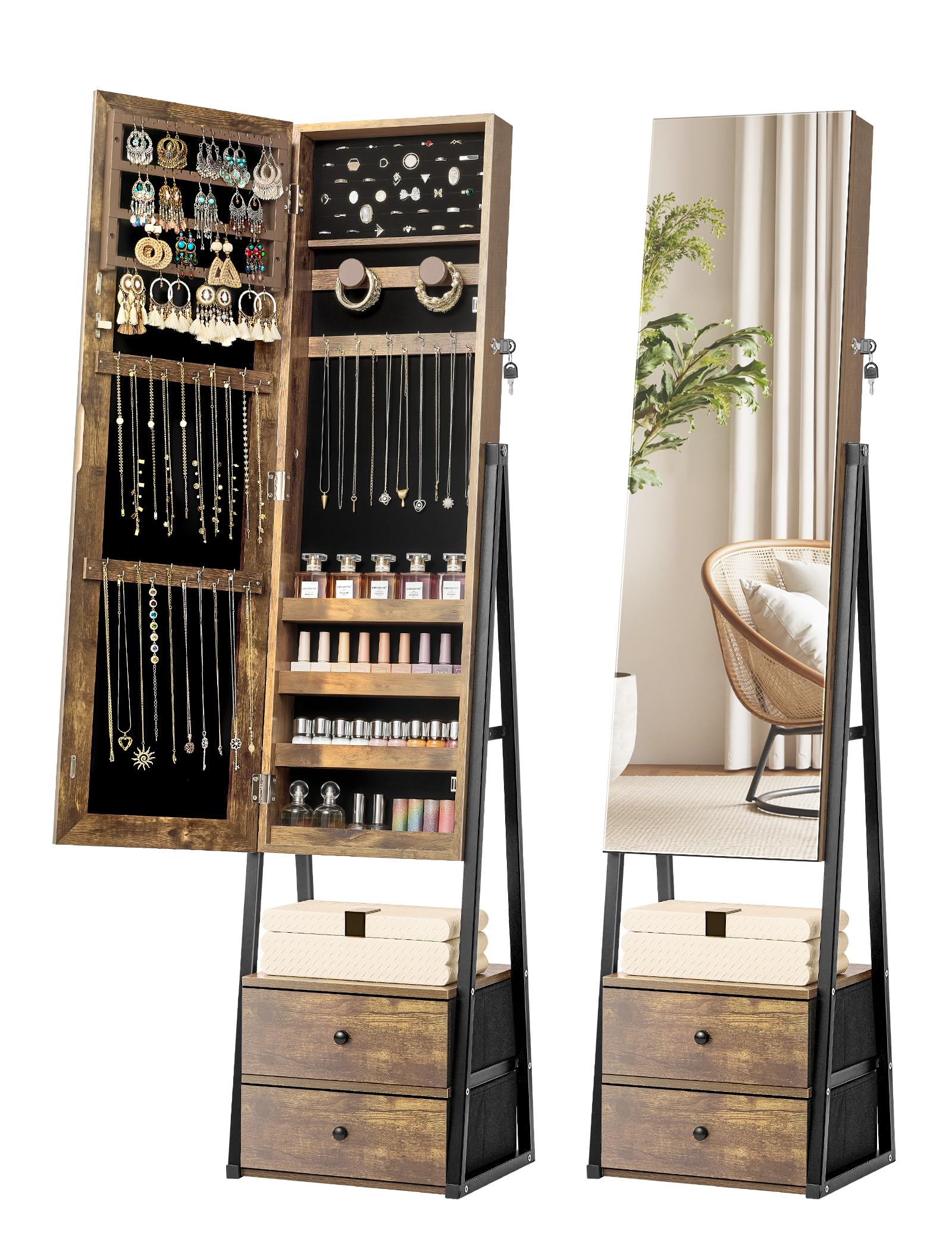 Nicetree Jewelry Cabinet Armoire with 2 Drawers, Lockable Standing Jewelry Mirror Cabinet, Full Length Mirror with Jewelry Storage, Rustic Brown
