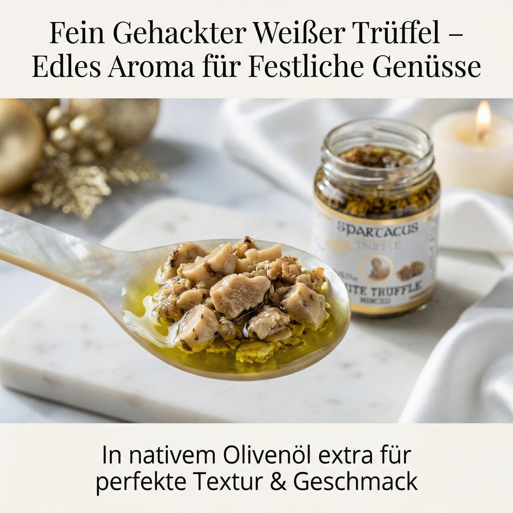 Spartacus Weißer Trüffel Gehackt, 90g | Tuber Aestivum Trüffelstücke, Natives Olivenöl Extra, Tartufo Bianco Gourmet aus Europa, Ohne Zusätze