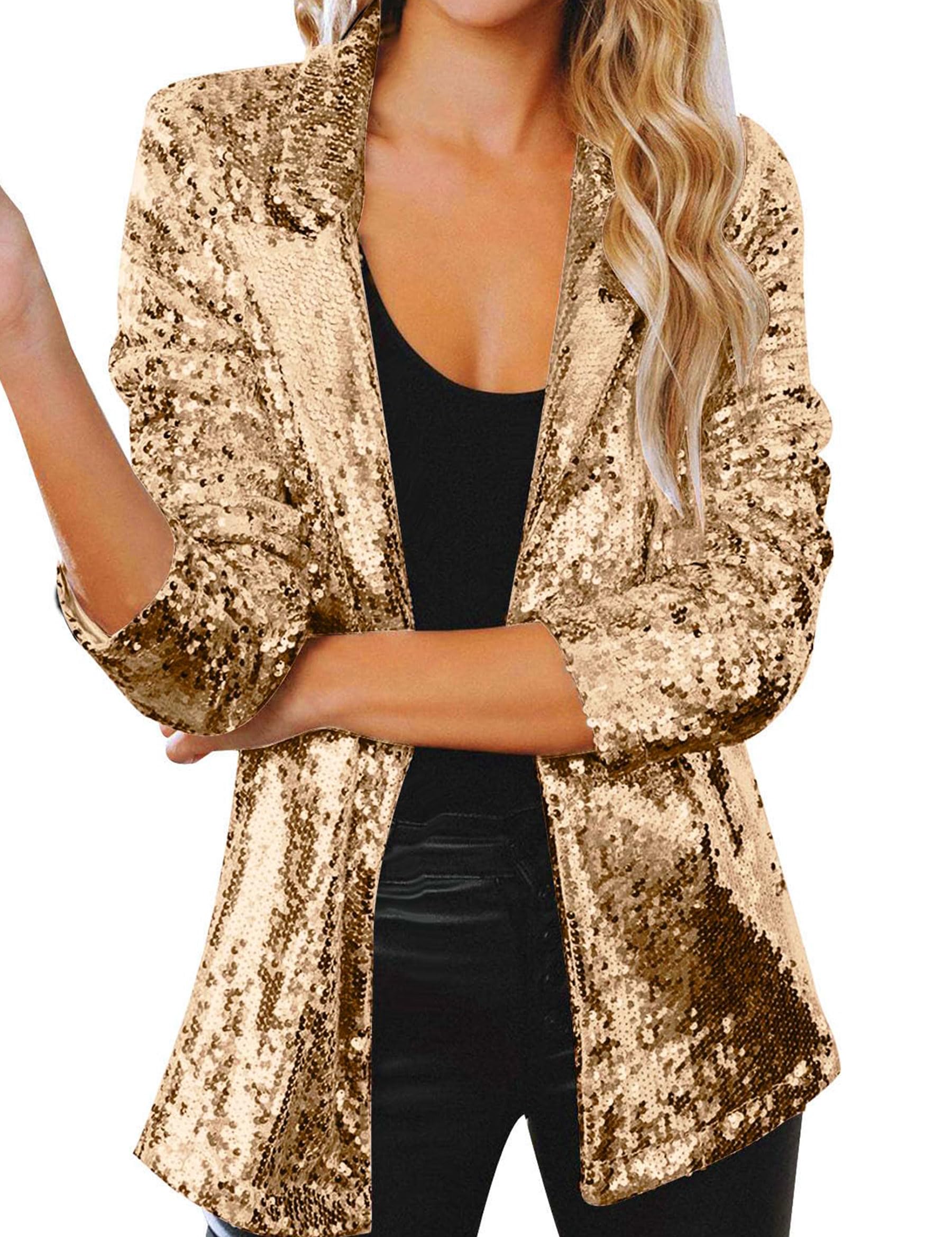 KIM S Womens Sequin Blazer Jacket Glitter Sparkle Open Front for Casual Wear Gold