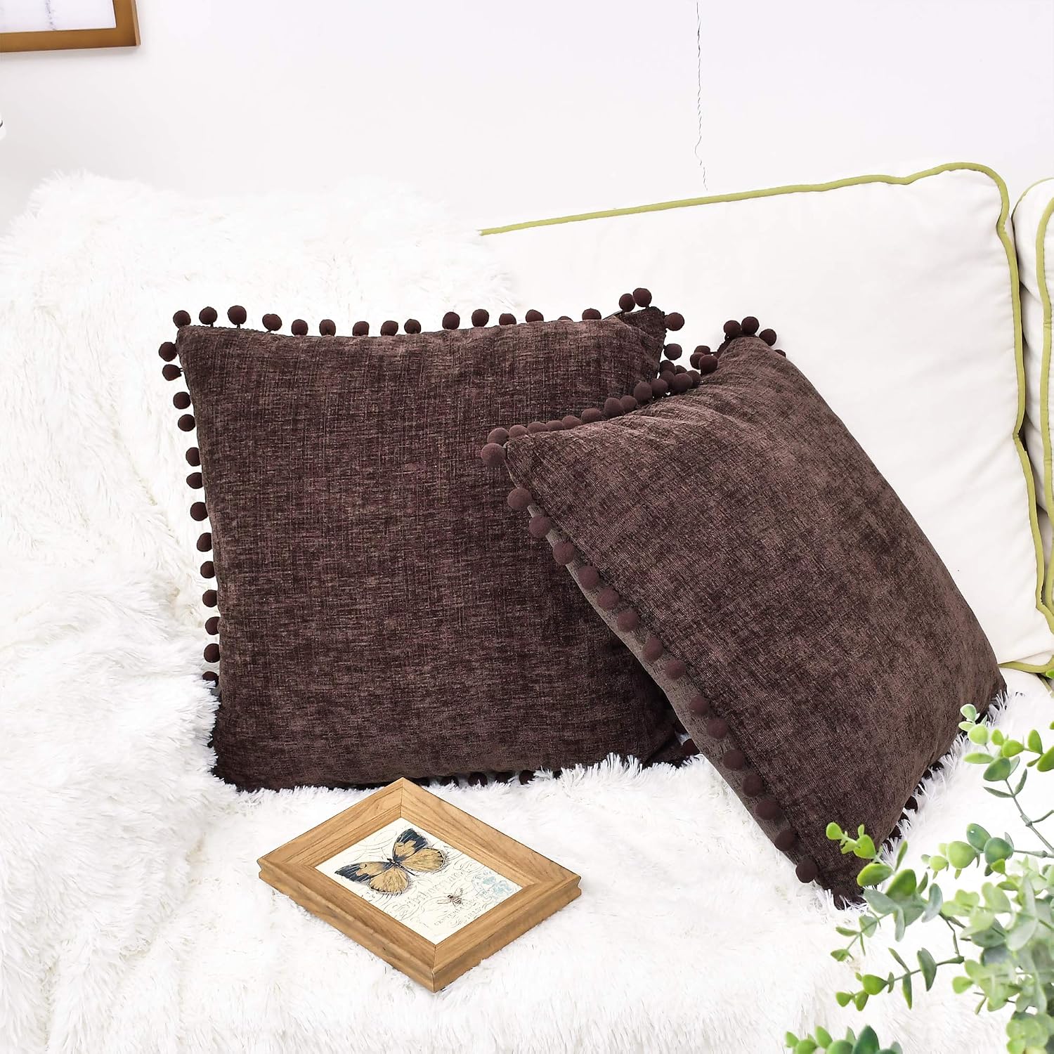 CaliTime Throw Pillow Cases Pack of 2 Cozy Solid Dyed Soft Chenille Cushion Covers with Pom Poms for Couch Sofa Home Decoration 50cm x 50cm Coffee - Image 5