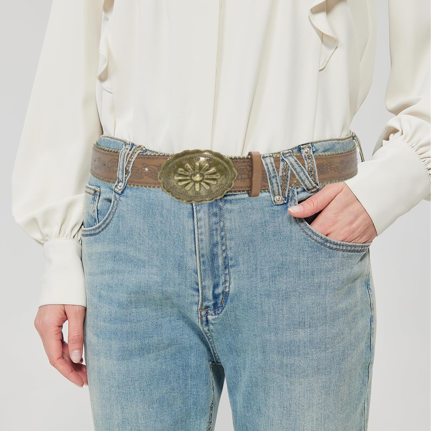Western Belt for Women Cowgirl Cowboy PU Leather Belts for Jeans, Floral Embossed Vintage Buckle - Image 3